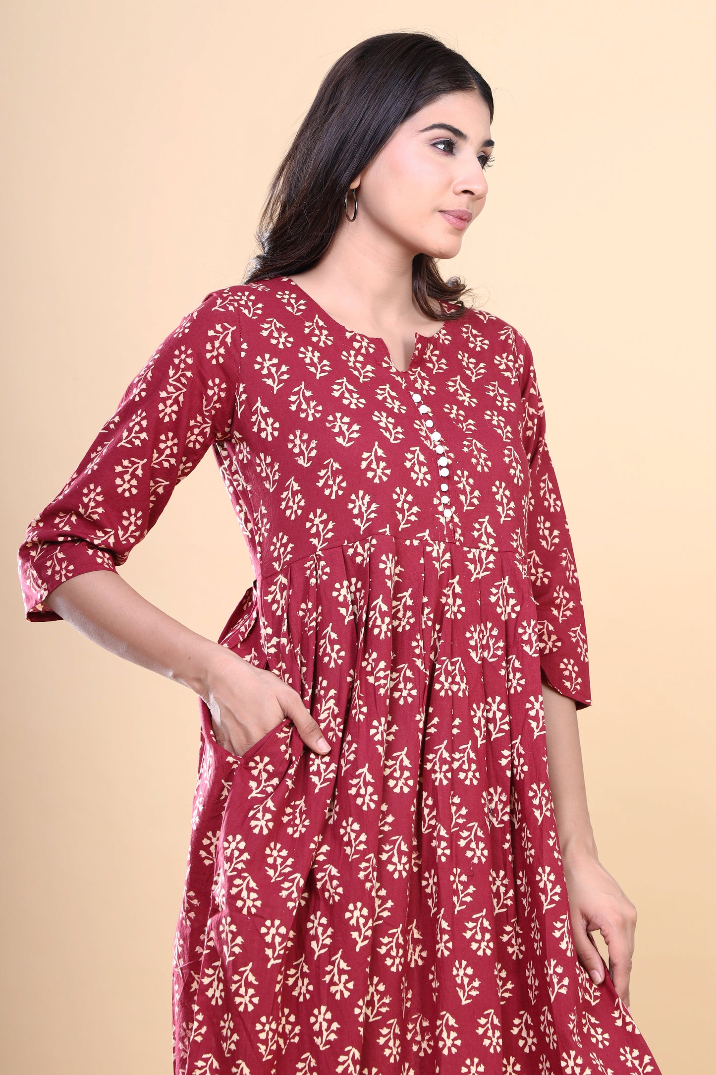 Maroon HandBlock Cotton Kurti: Jaipuri Floral Print with Booti Design and Pocket