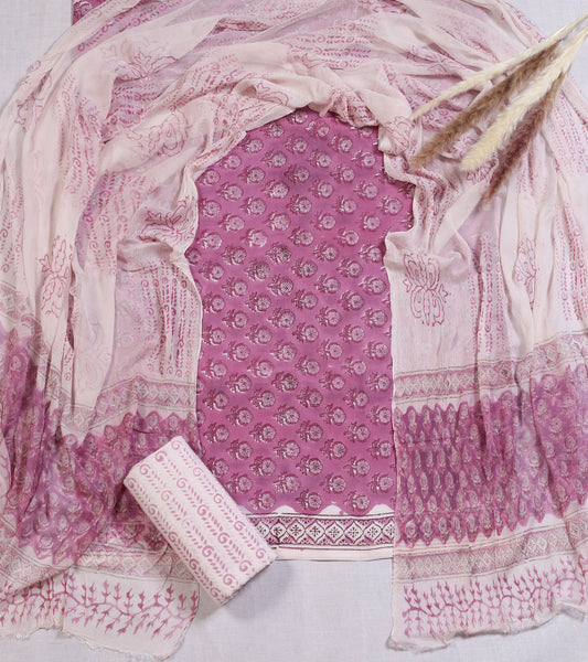 Hand Block Printed Cotton Suit Material | Rose Pink Floral Buti | Chiffon Dupatta | Wholesale Unstitched 3-Piece Set Suit Material 2_4