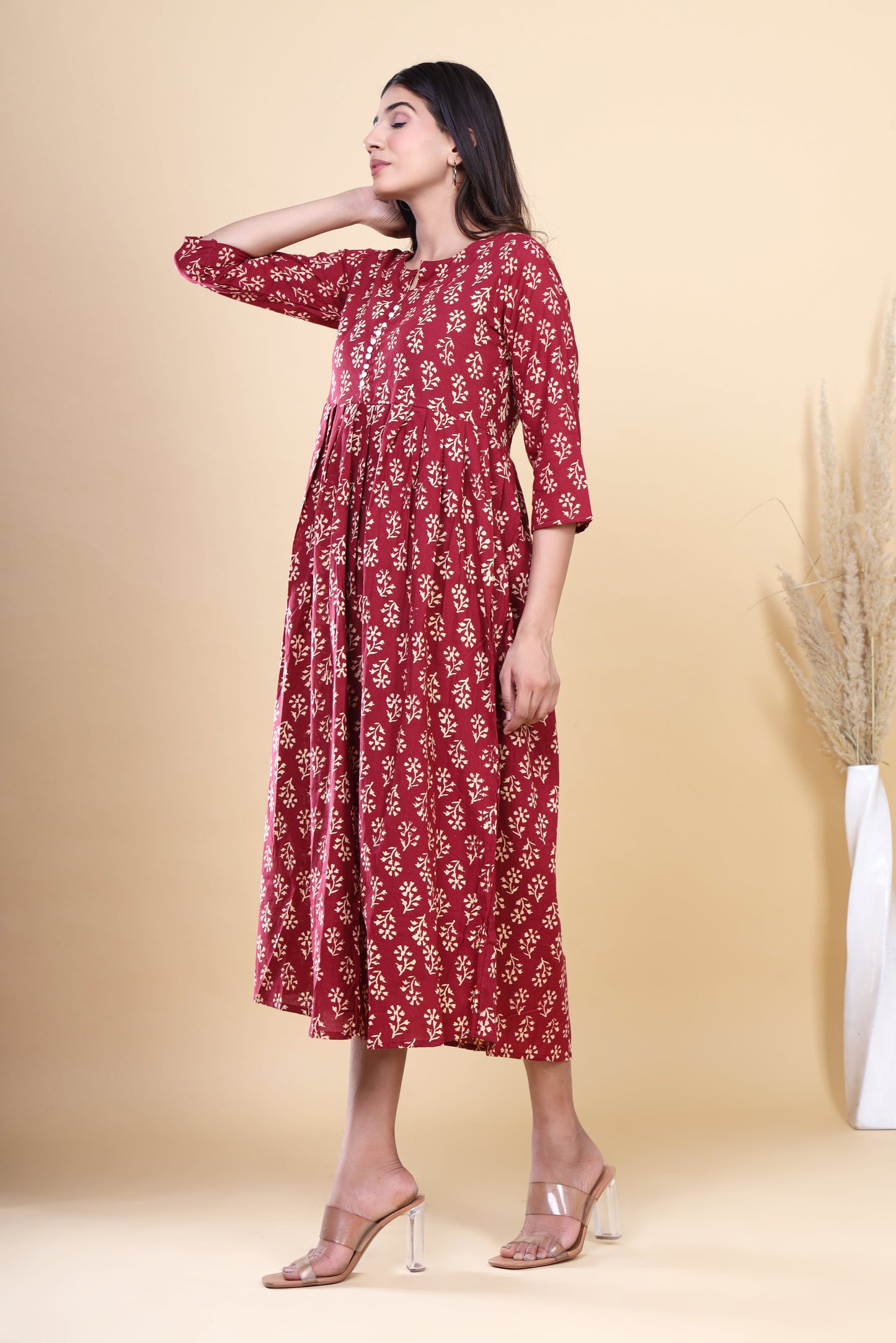 Maroon HandBlock Cotton Kurti: Jaipuri Floral Print with Booti Design and Pocket