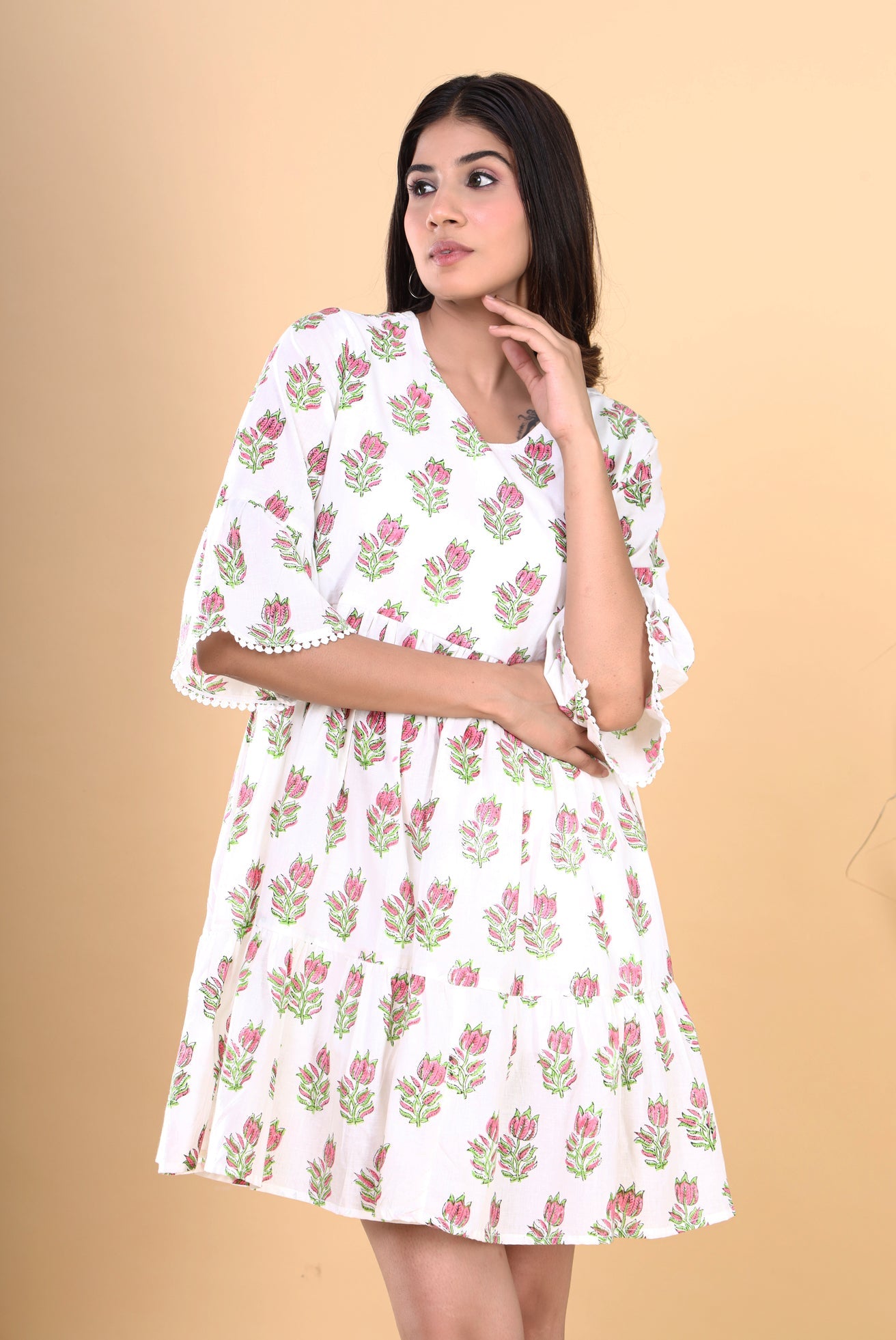 White Jaipuri Floral HandBlock Cotton Short Kurti with Booti Print and Pocket