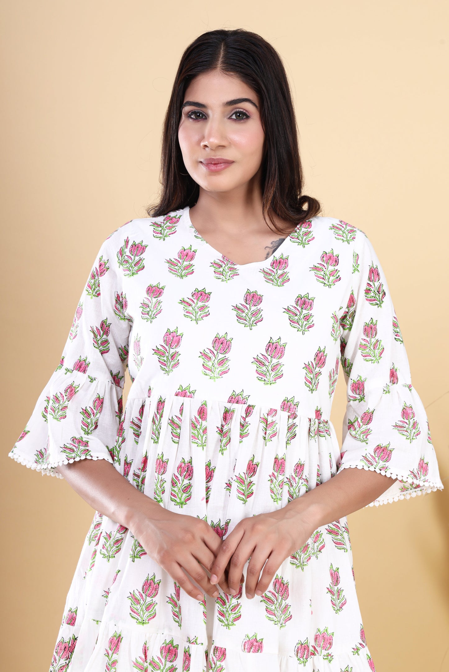 White Jaipuri Floral HandBlock Cotton Short Kurti with Booti Print and Pocket