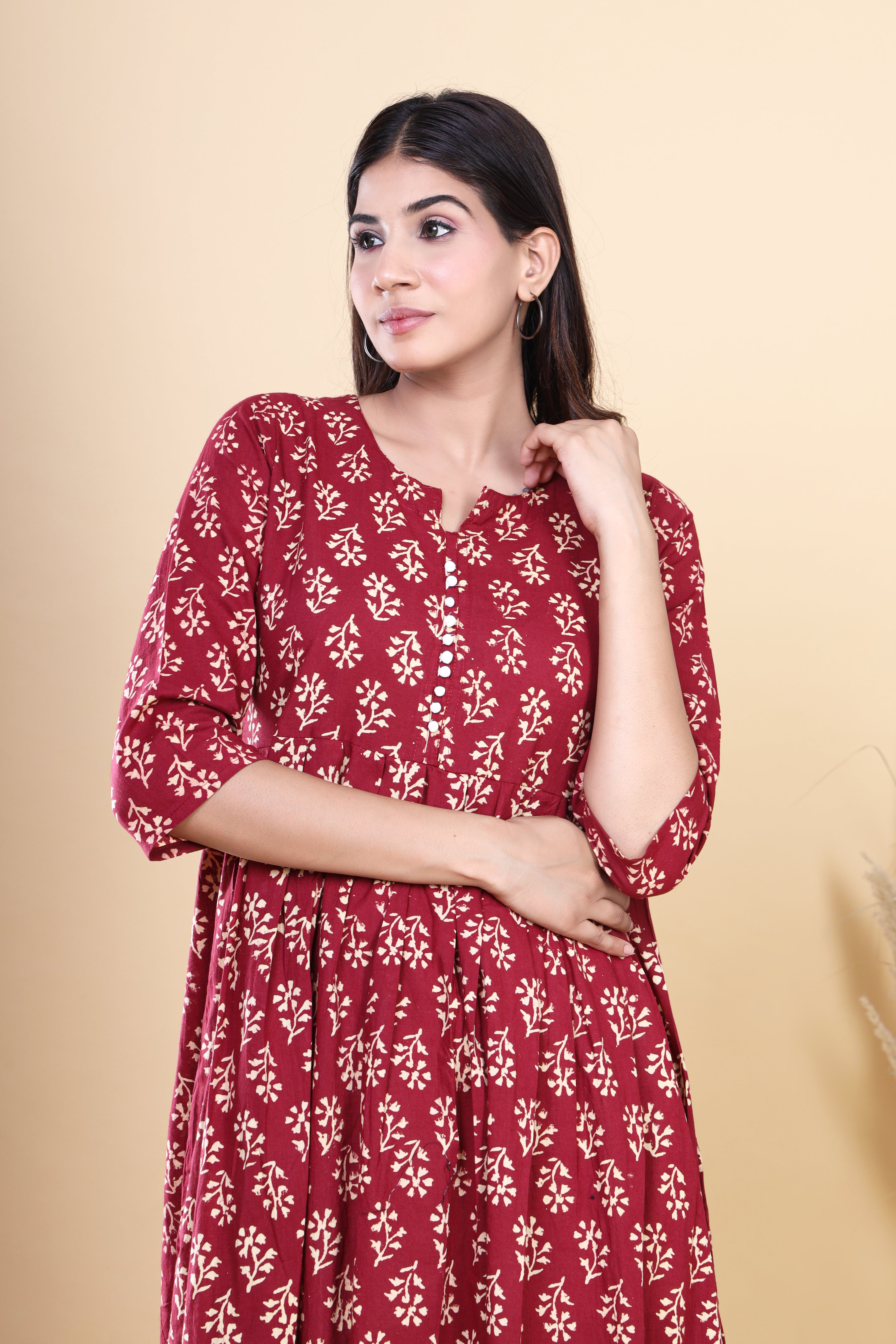 Maroon HandBlock Cotton Kurti: Jaipuri Floral Print with Booti Design and Pocket