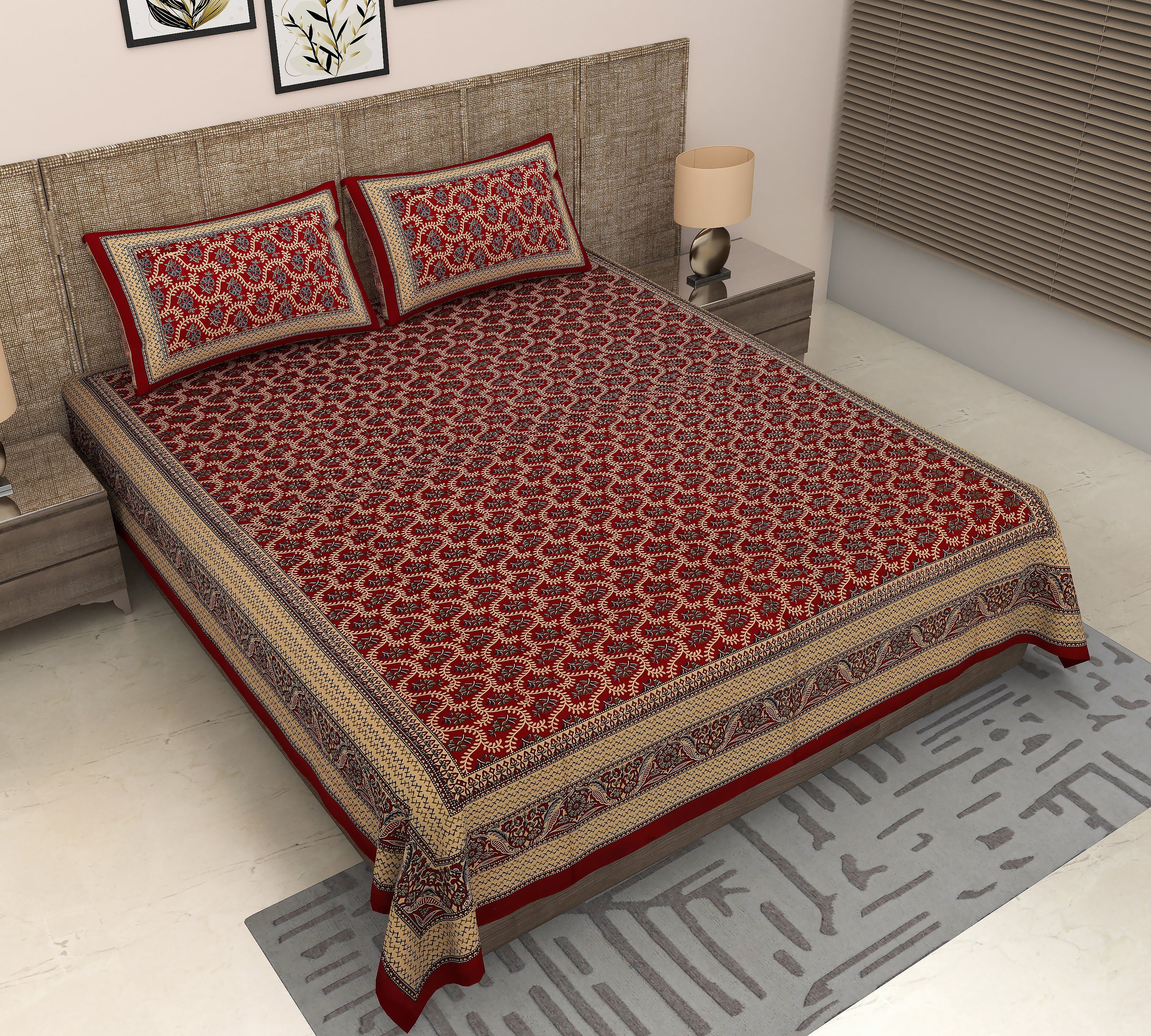 Jaipuri Sanganeri Splendor: Red King Size Floral Printed Cotton Bedsheet