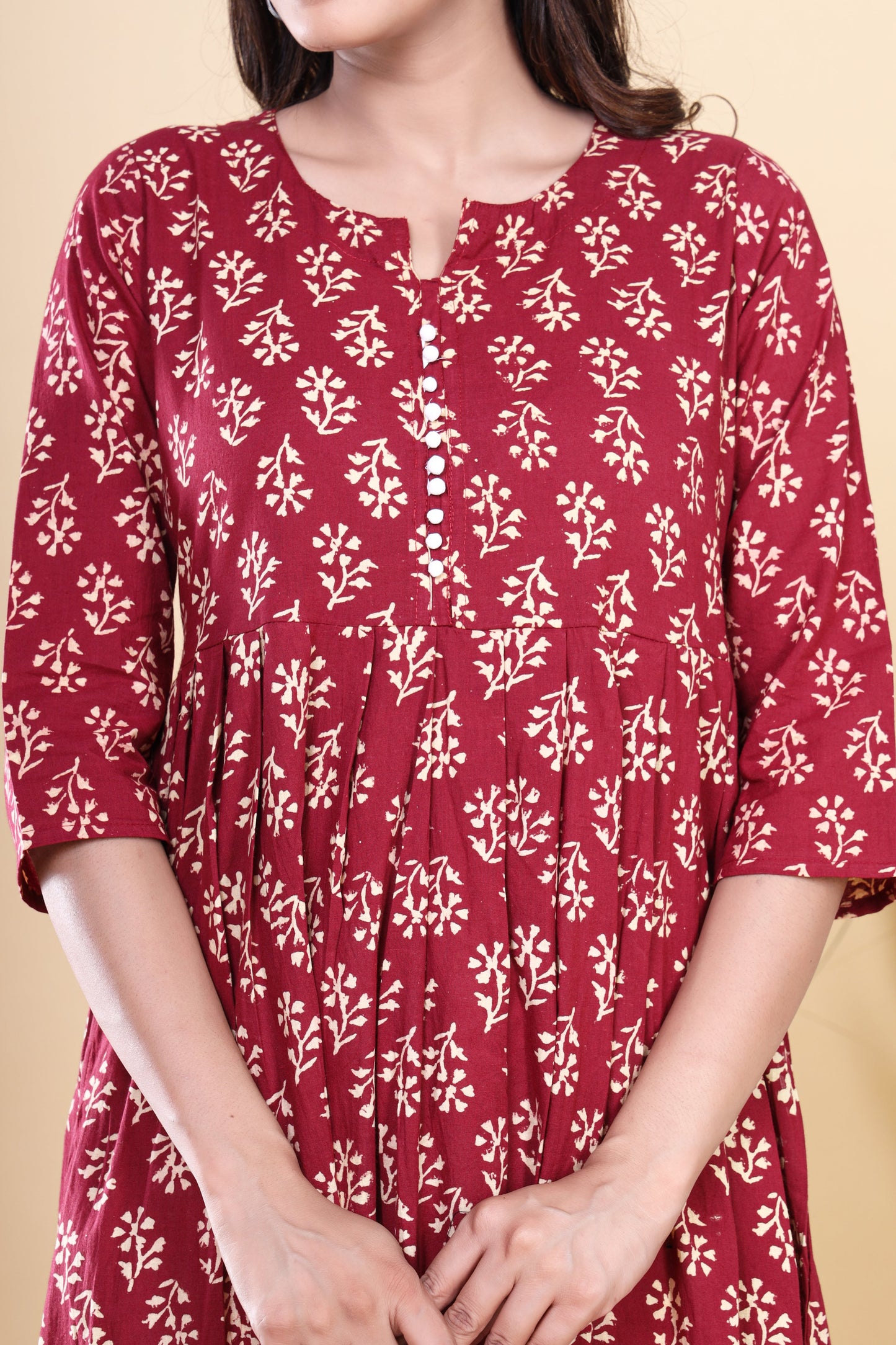 Maroon HandBlock Cotton Kurti: Jaipuri Floral Print with Booti Design and Pocket