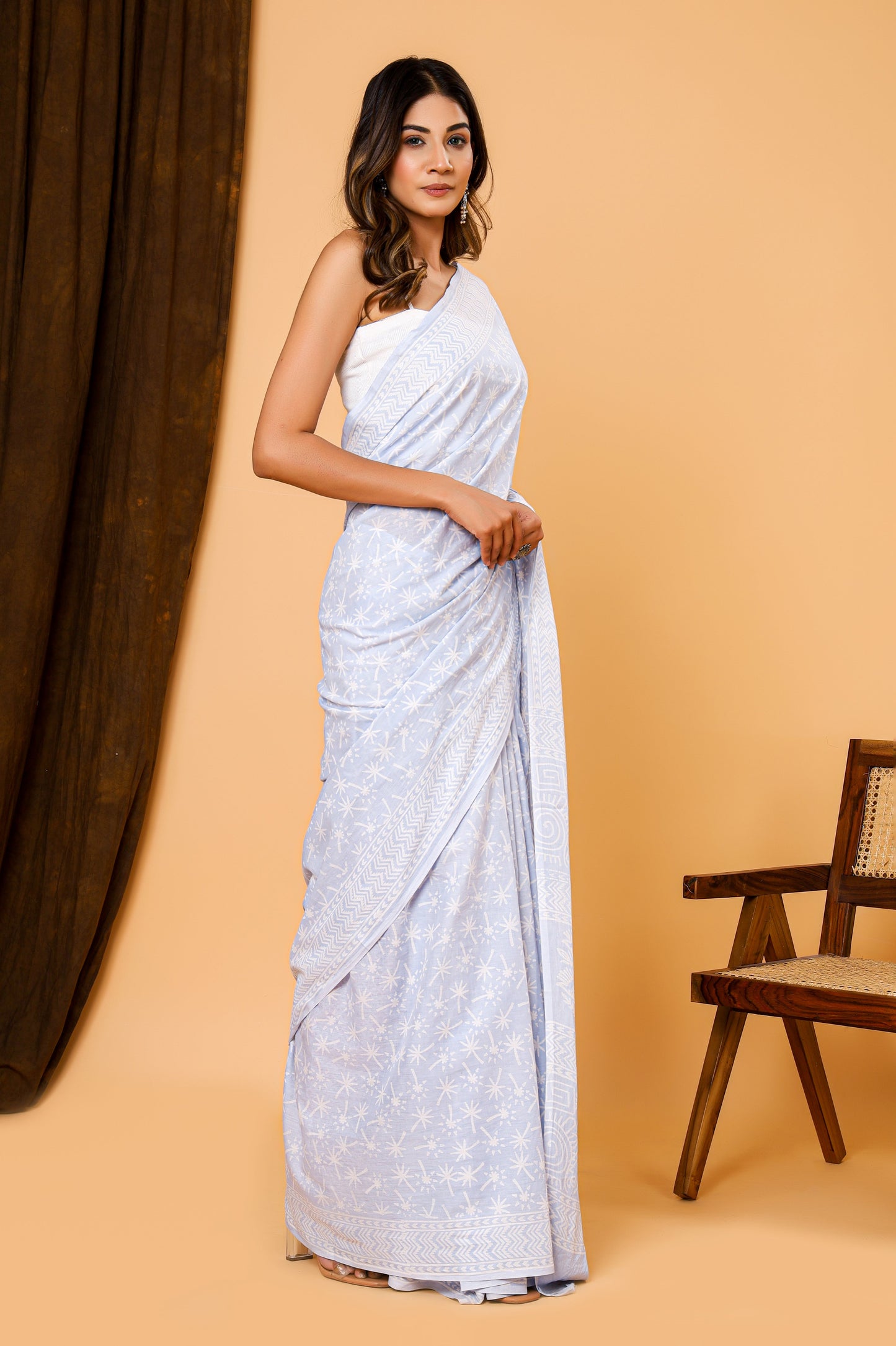 Tealish Blue Jaipuri Handblock Booti Print Cotton Mulmul Saree