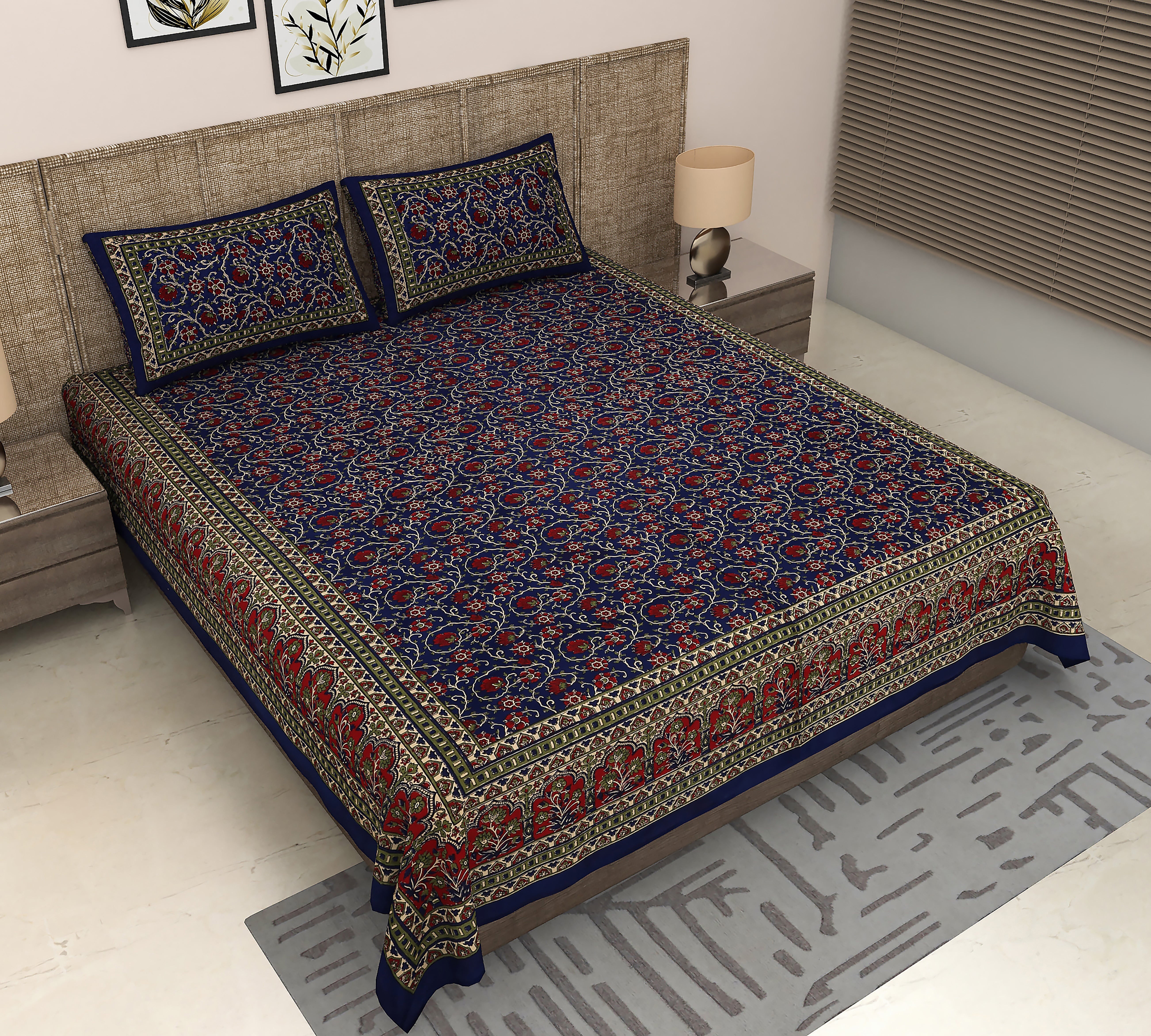 Jaipuri Symphony: King Size Kalamkari Floral Printed Bedsheet in Blue