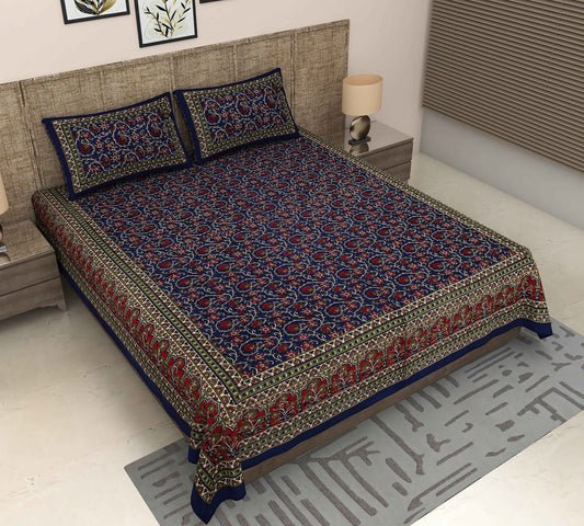 Jaipuri Symphony: King Size Kalamkari Floral Printed Bedsheet in Blue Bedsheet 32