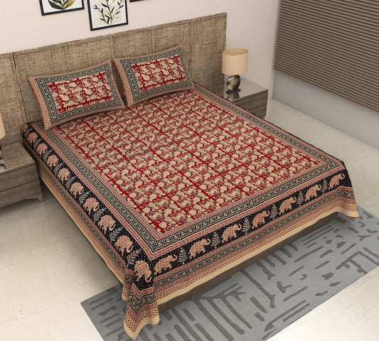 Maroon color Jaipuri Kalamkari Printed King Size Bedsheet