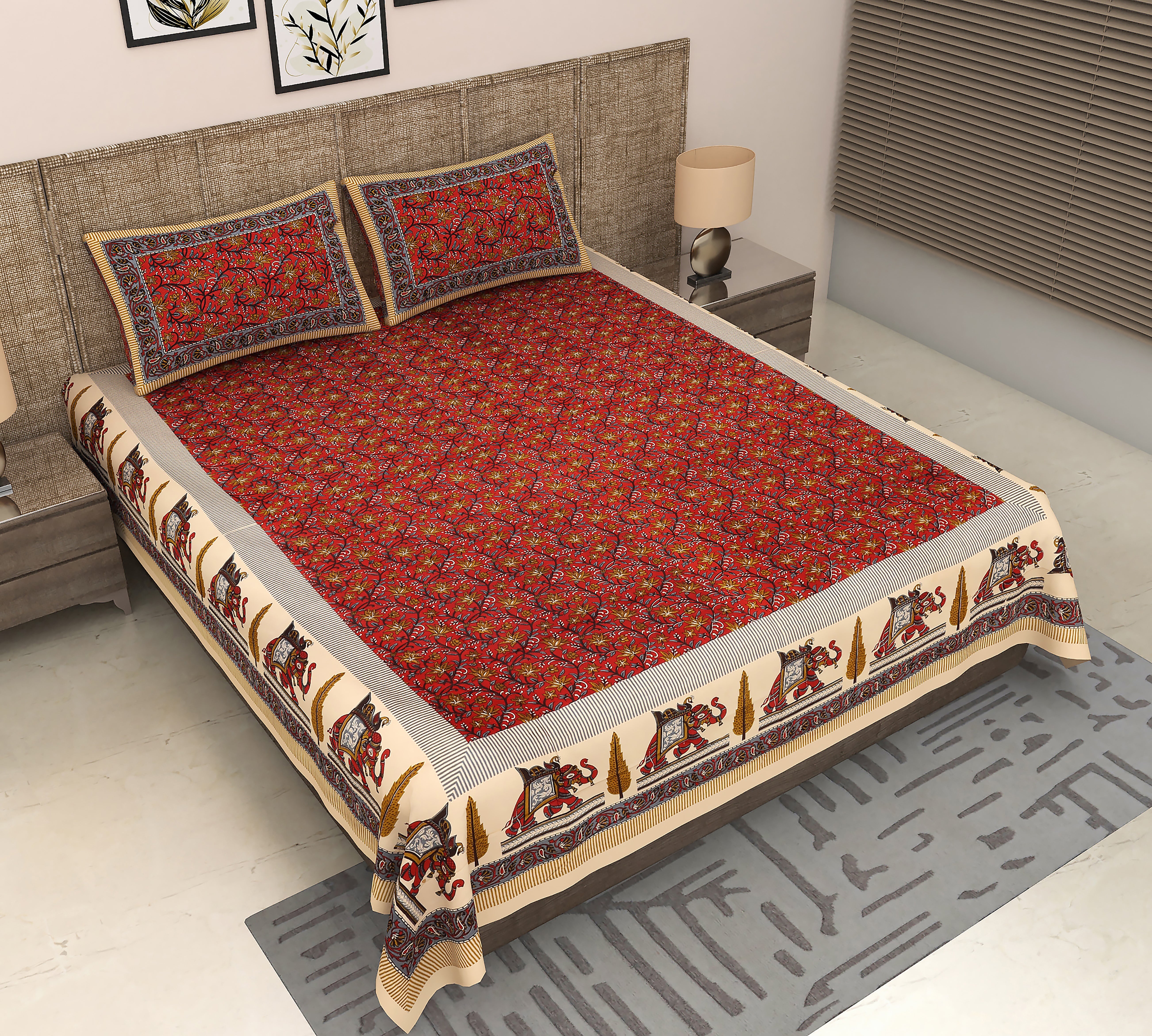 Jaipuri Red color Floral Kalamkari Printed Kind Size Bedsheet