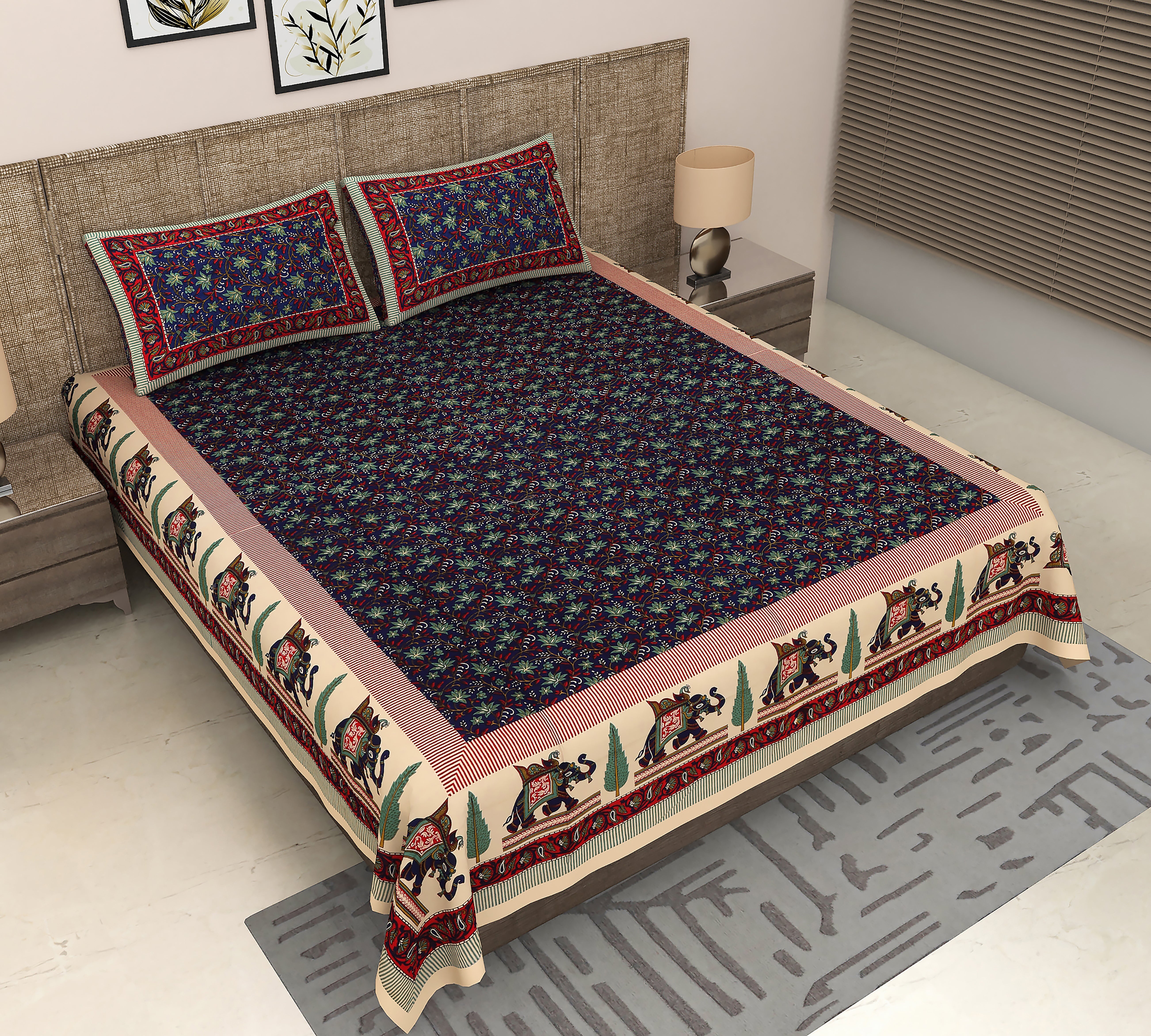 King Size Bagru Printed Bedsheet with Floral and Elephant Motifs