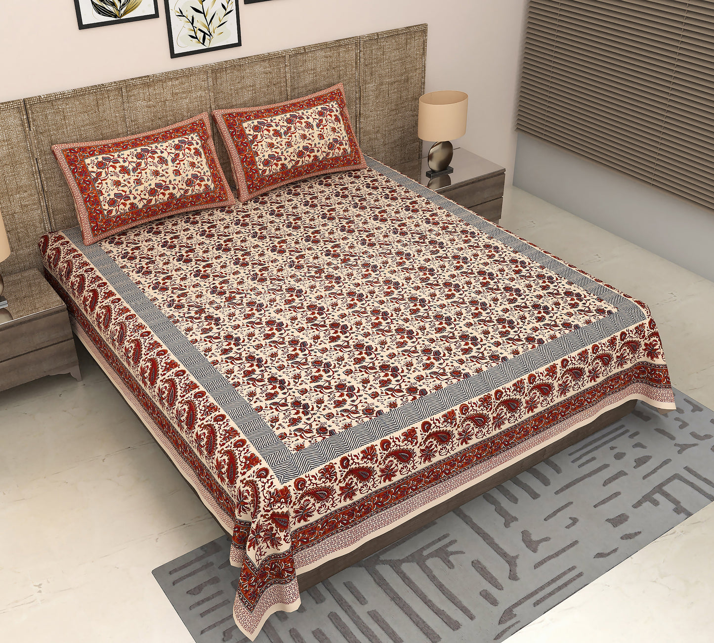 Jaipuri Majesty: King Size Maroon Bedsheet with Floral Kalamkari Print