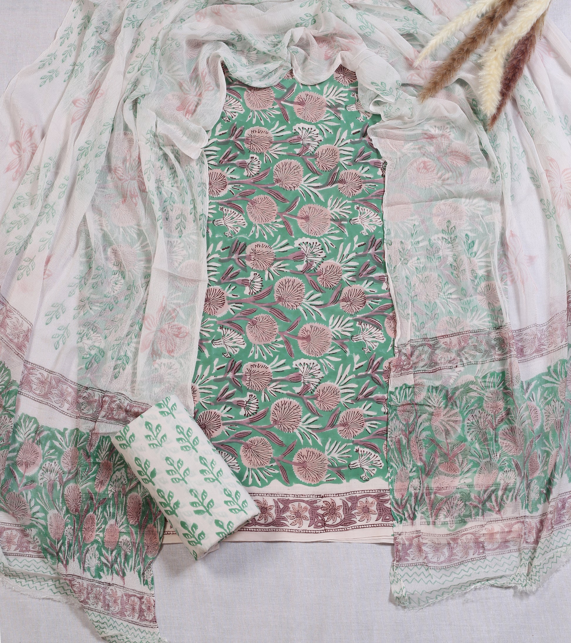 Hand Block Printed Cotton Suit Material | Mint Green Dandelion Floral Jaal | Chiffon Dupatta | Wholesale Unstitched 3-Piece Set Suit Material 3_3