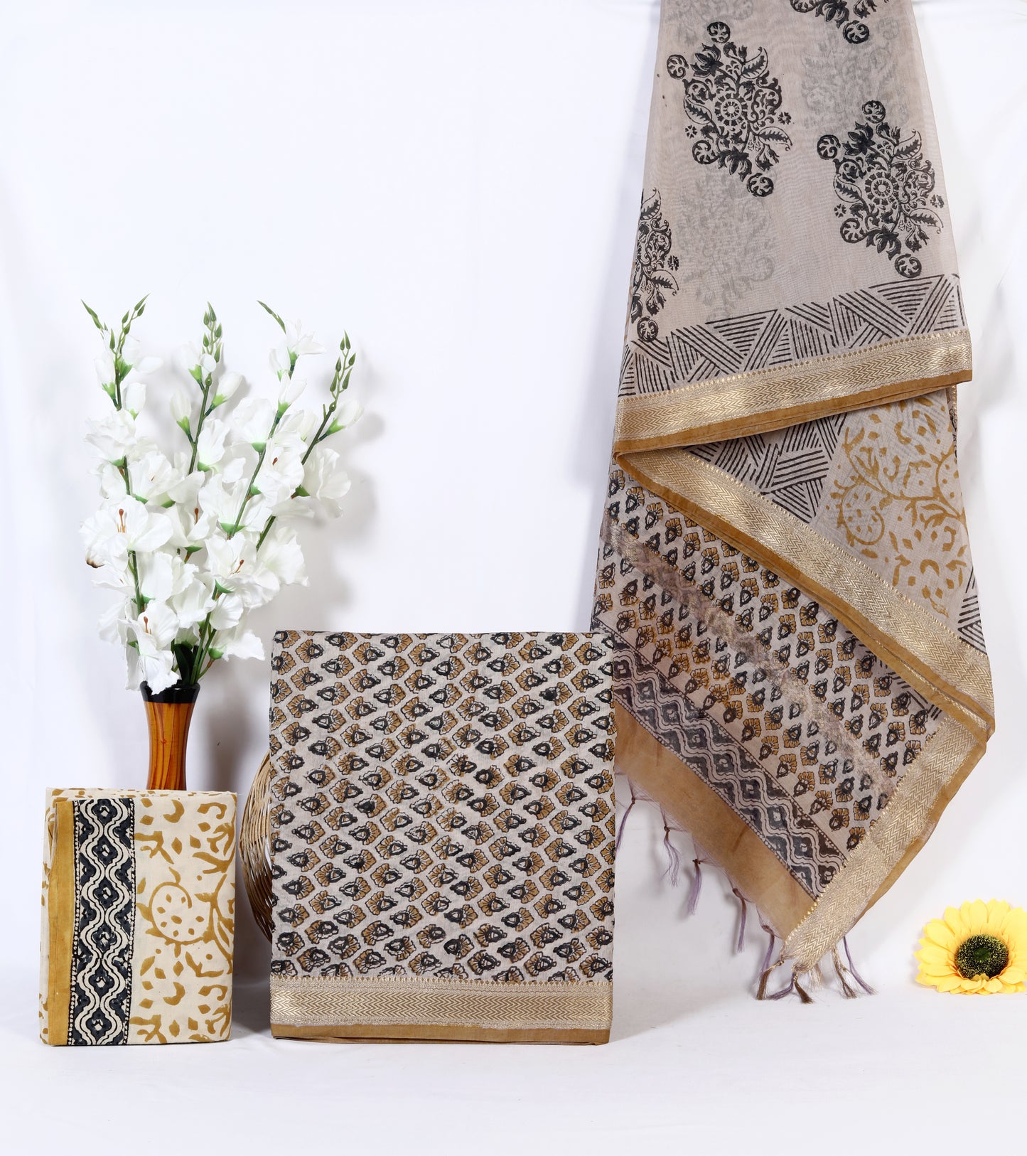 Maheshwari Silk Hand Block Printed Unstitched Suit Material | Diamond Jaal & Medallion Print | Cream & Gold | Zari Border Dupatta | Wholesale
