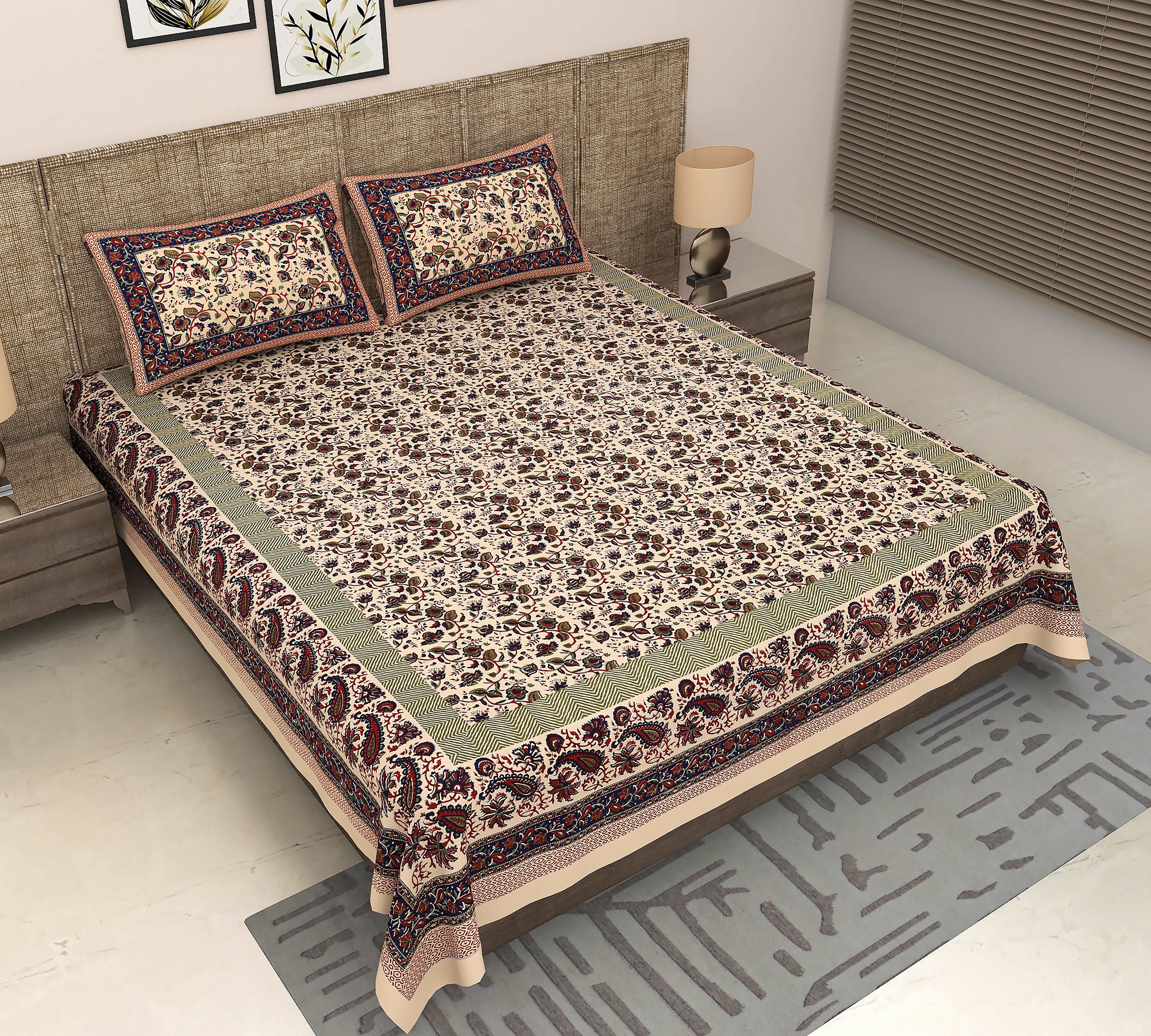 Jaipuri Elegance: King Size Blue Bedsheet with Floral Kalamkari Printing