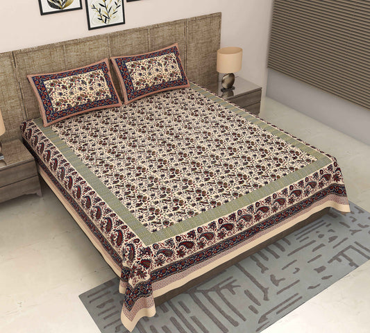 Jaipuri Elegance: King Size Blue Bedsheet with Floral Kalamkari Printing Bedsheet 3_3_d28c8b7e-826f-4cbb-b338-15f109de8209