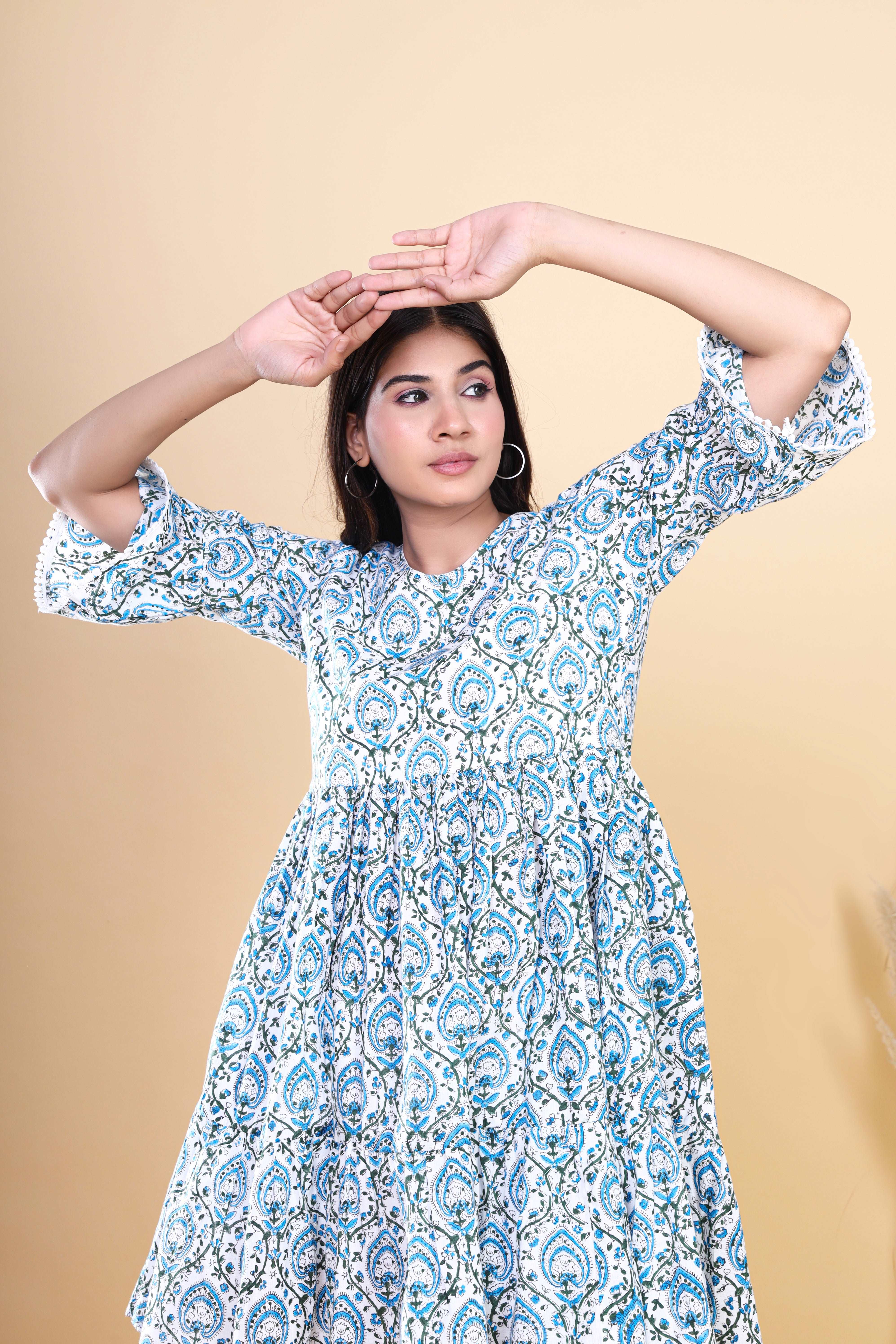 Jaipuri Blooms: Handblock Floral Cotton Short Kurti in Bluish Cyan with Pocket