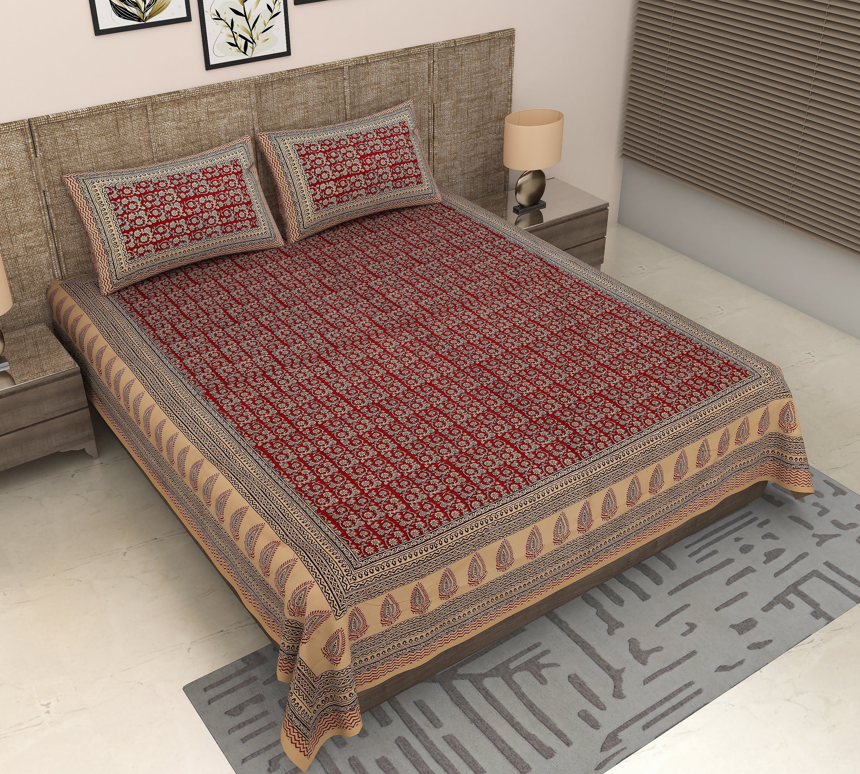 Jaipuri Sanganeri Splendor: King Size Red Cotton Bedsheet with Kalamkari Floral Print