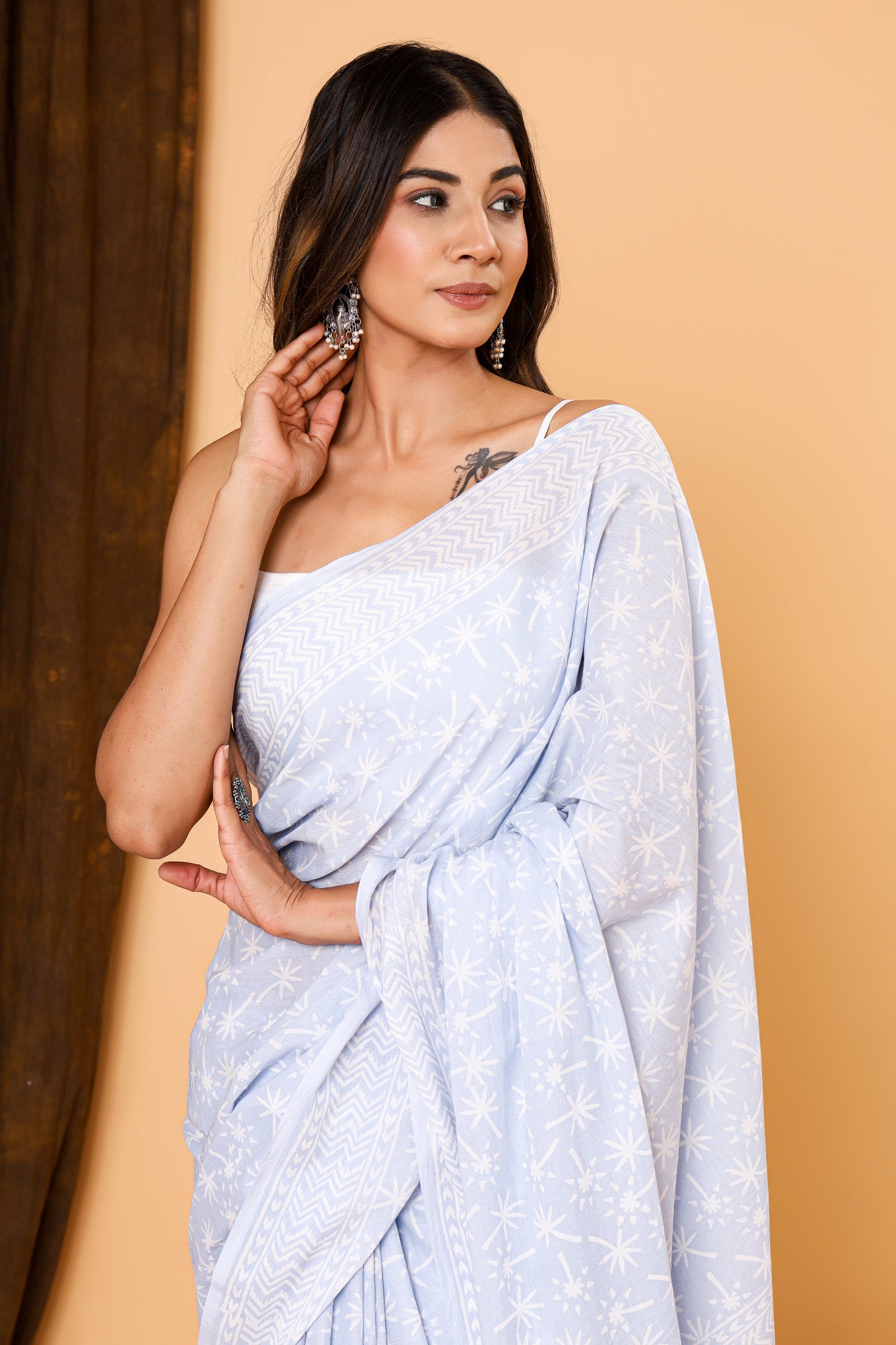 Tealish Blue Jaipuri Handblock Booti Print Cotton Mulmul Saree