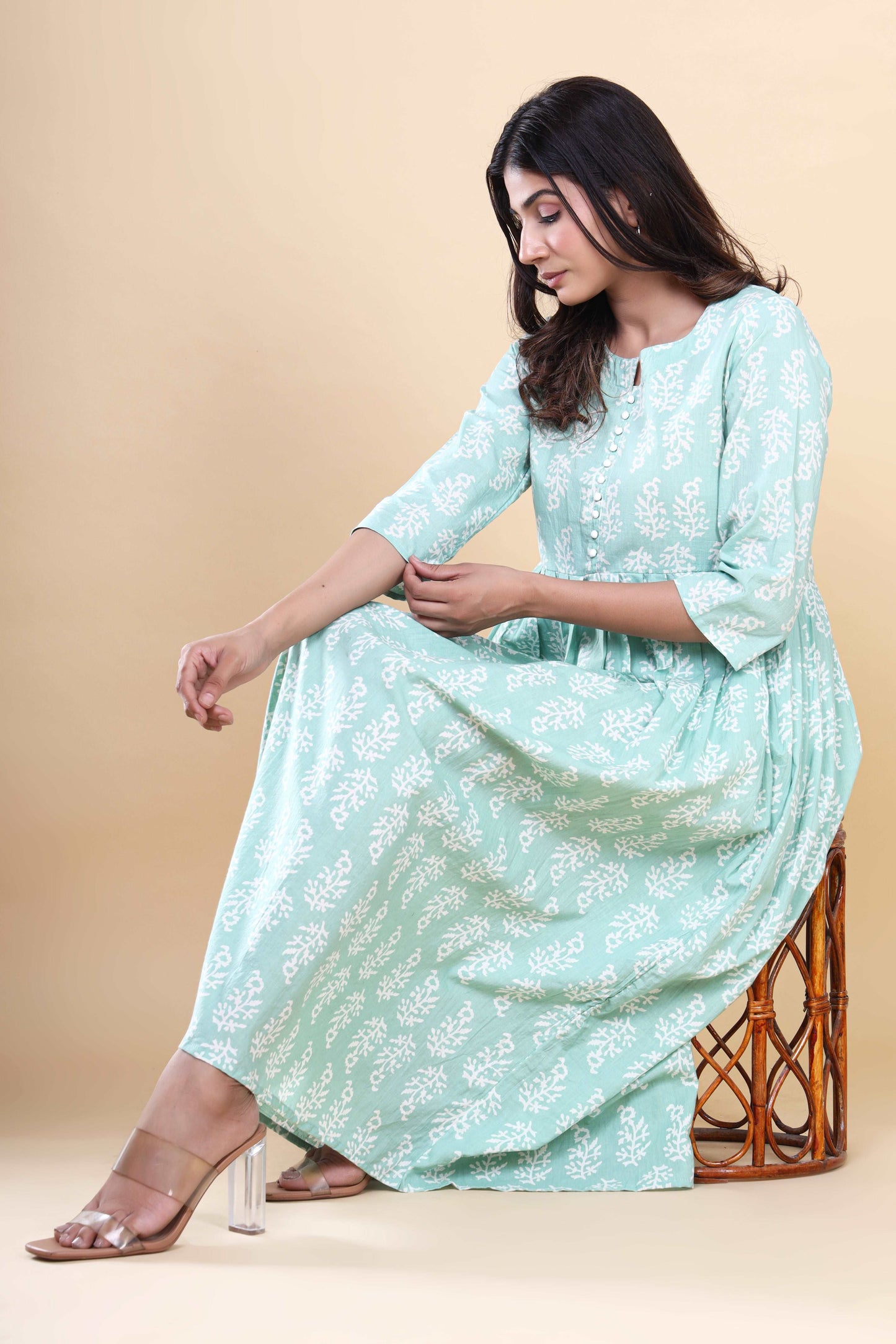 Jaipuri Blossoms: Handblock Printed Cotton Long Kurti in Bluish Cyan with Floral Artistry and Pocket Accent