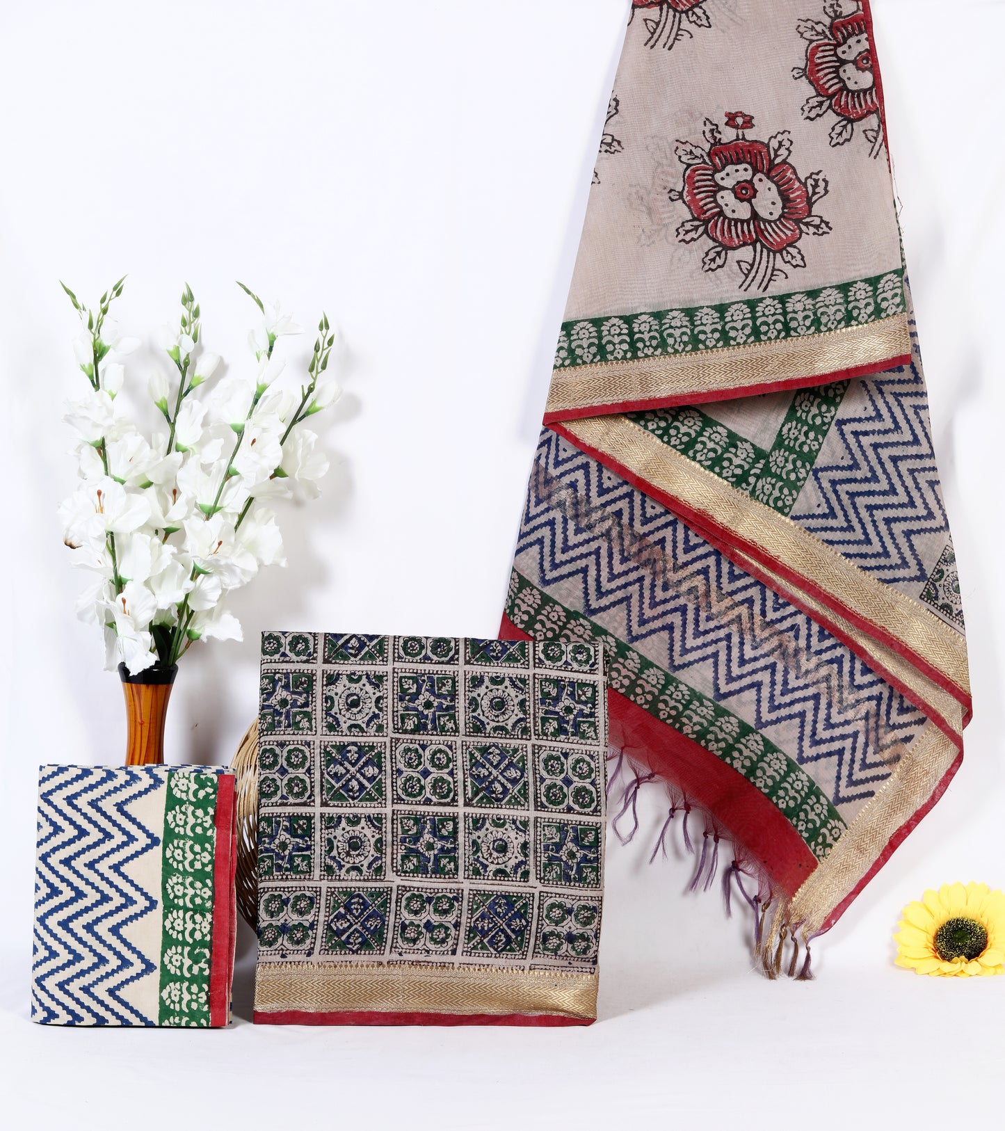Maheshwari Silk Hand Block Printed Unstitched Suit Material | Geometric Tile Grid Print | Navy, Green & Red | Zari Border Dupatta | Wholesale