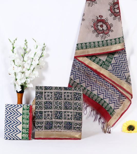 Maheshwari Silk Hand Block Printed Unstitched Suit Material | Geometric Tile Grid Print | Navy, Green & Red | Zari Border Dupatta | Wholesale