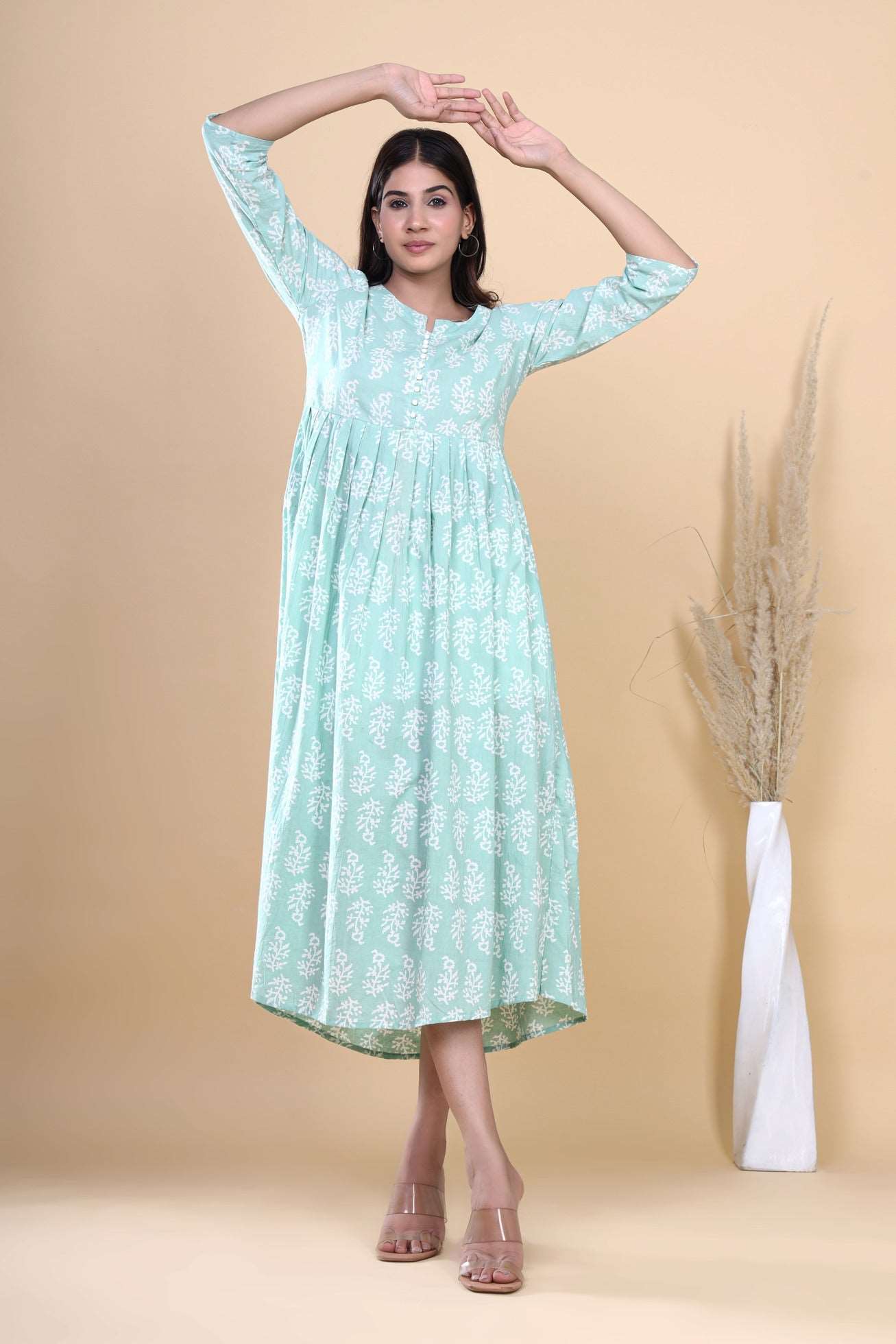 Jaipuri Blossoms: Handblock Printed Cotton Long Kurti in Bluish Cyan with Floral Artistry and Pocket Accent