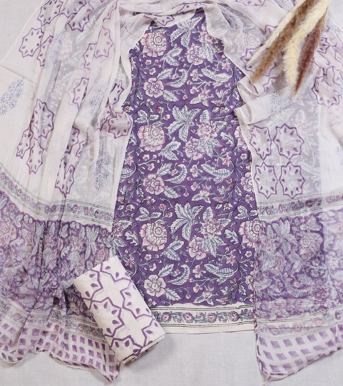 Hand Block Printed Cotton Suit Material | Lavender Mughal Floral Jaal | Chiffon Dupatta | Wholesale Unstitched 3-Piece Set Suit Material 4_3