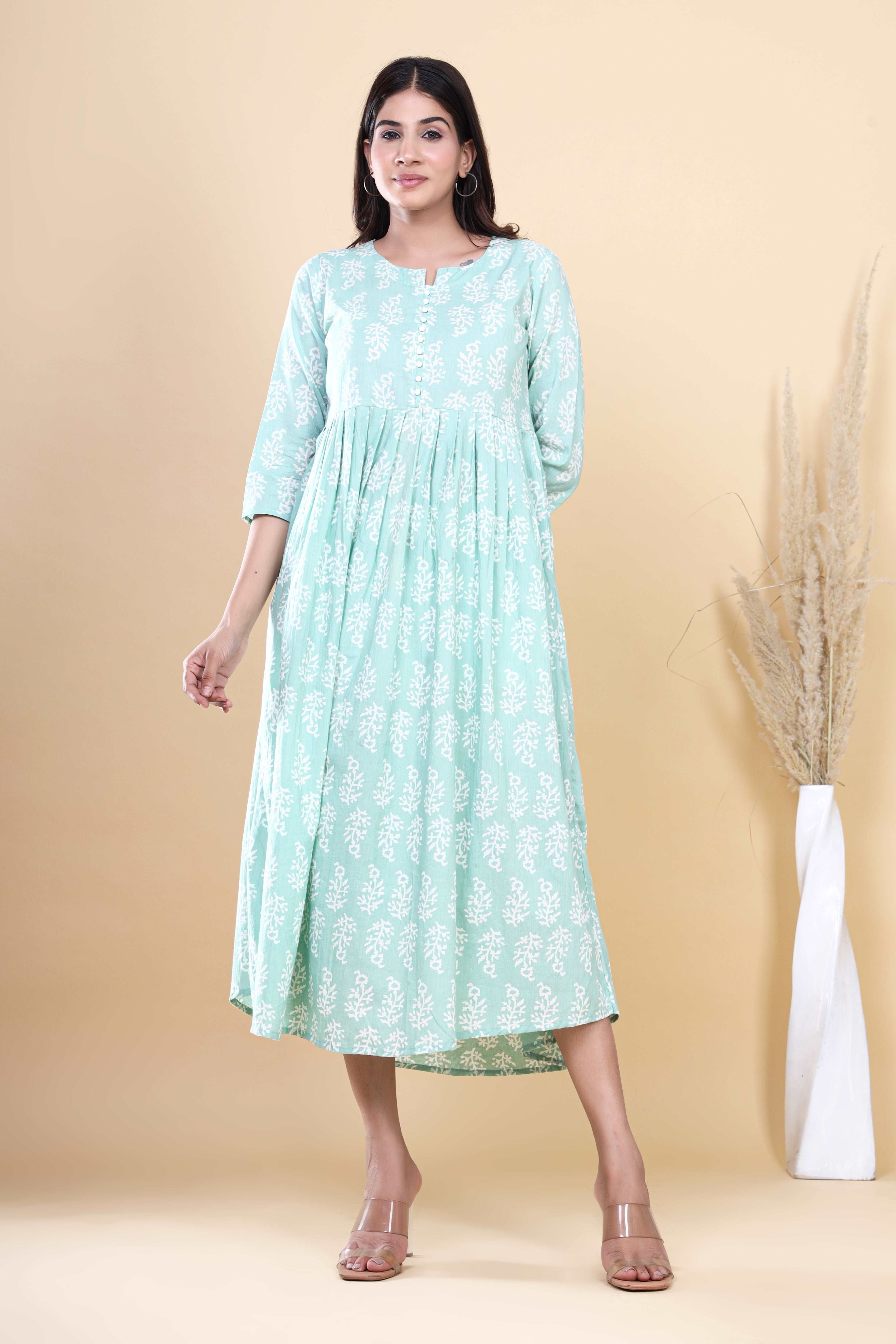 Jaipuri Blossoms: Handblock Printed Cotton Long Kurti in Bluish Cyan with Floral Artistry and Pocket Accent