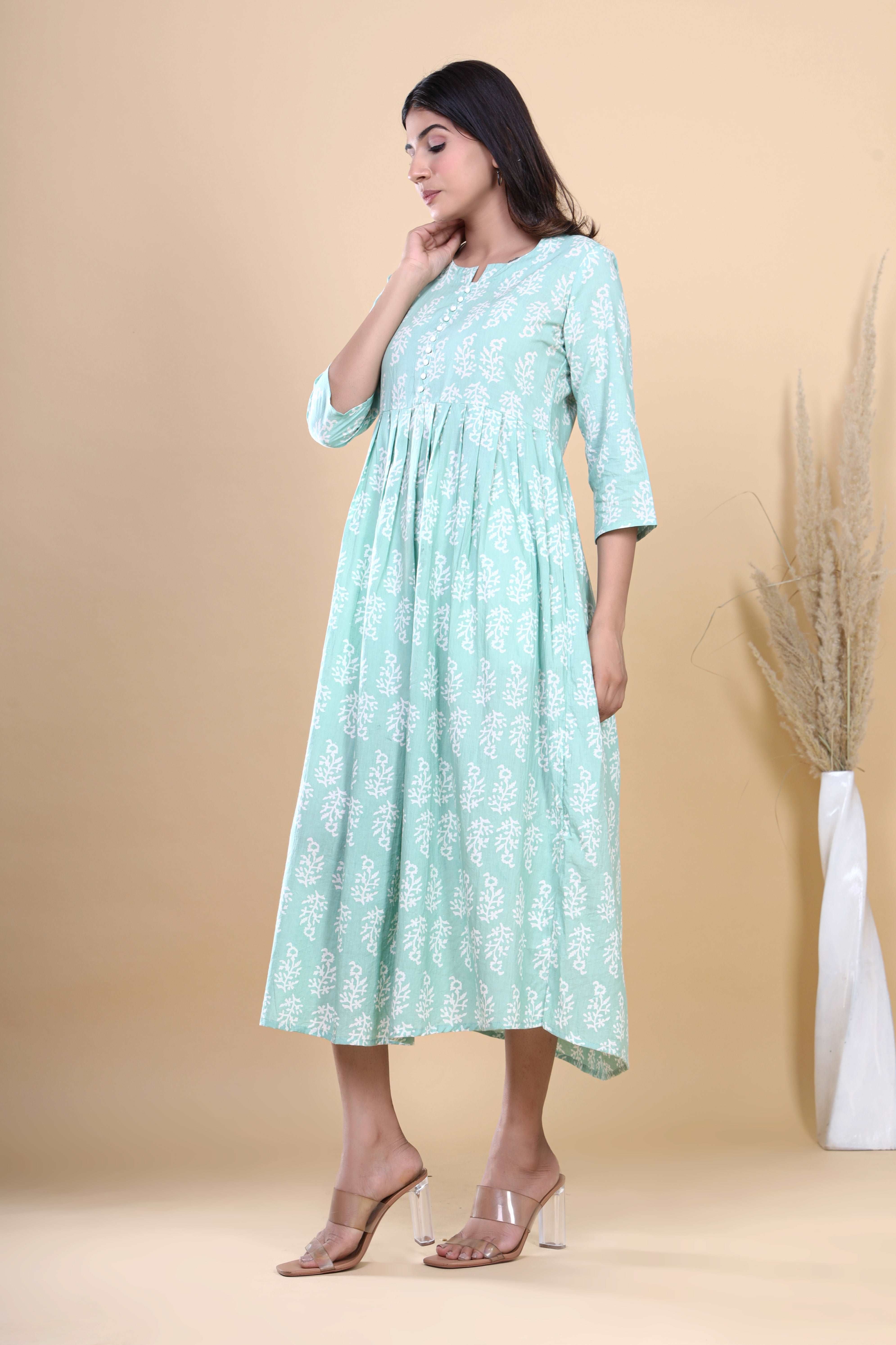 Jaipuri Blossoms: Handblock Printed Cotton Long Kurti in Bluish Cyan with Floral Artistry and Pocket Accent