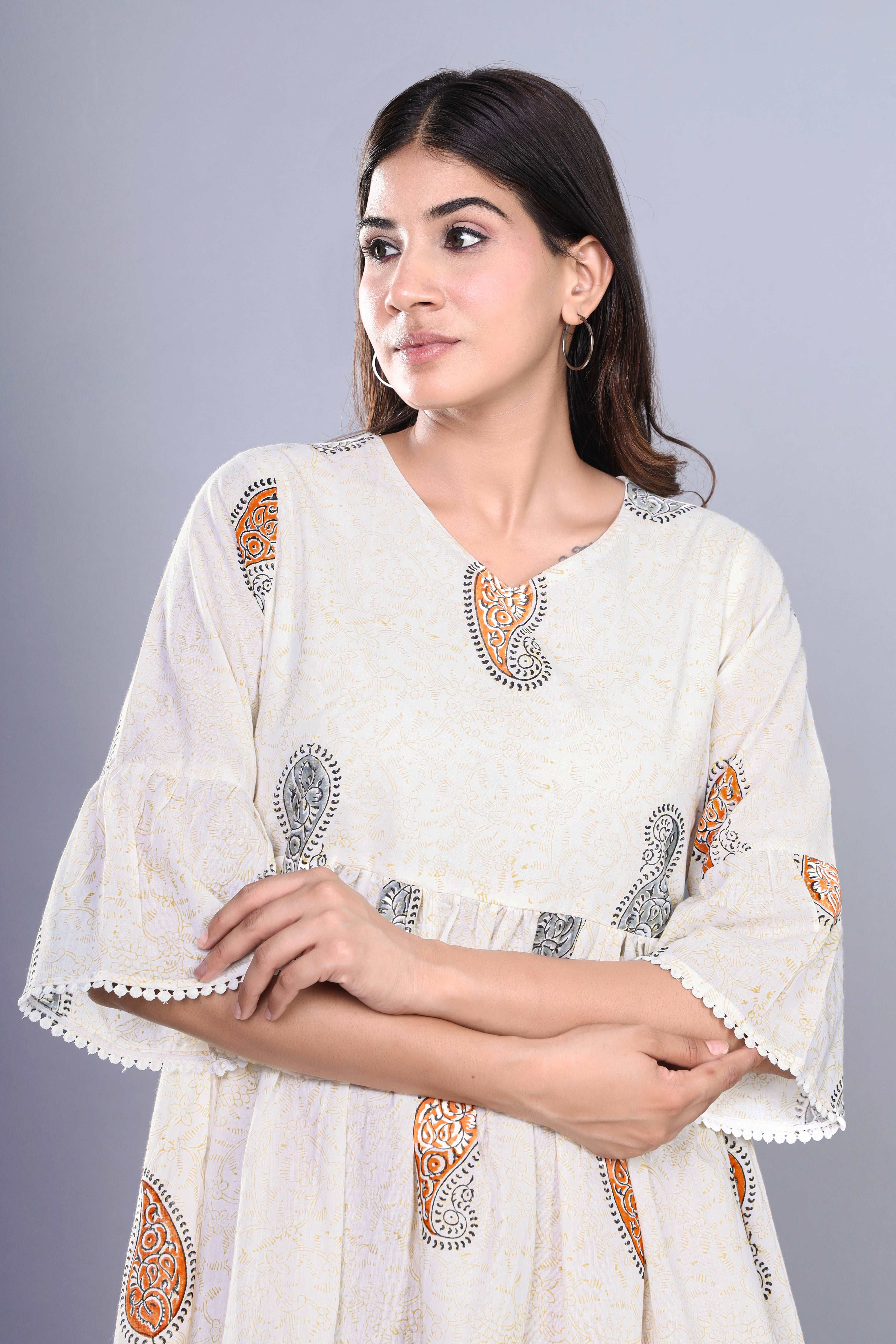 Jaipuri Floral Charm: HandBlock Cotton Short Kurti in White with Pocket