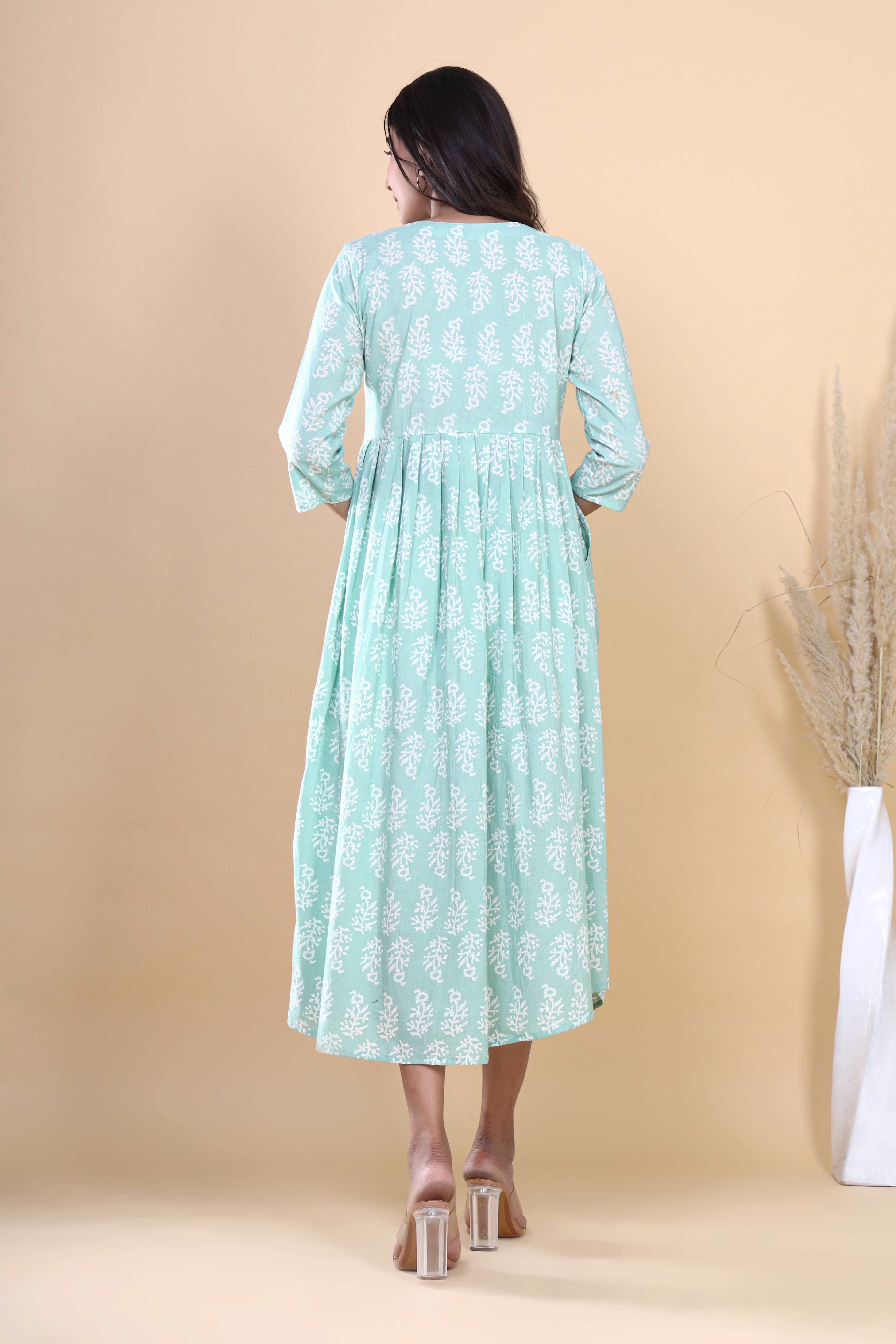 Jaipuri Blossoms: Handblock Printed Cotton Long Kurti in Bluish Cyan with Floral Artistry and Pocket Accent