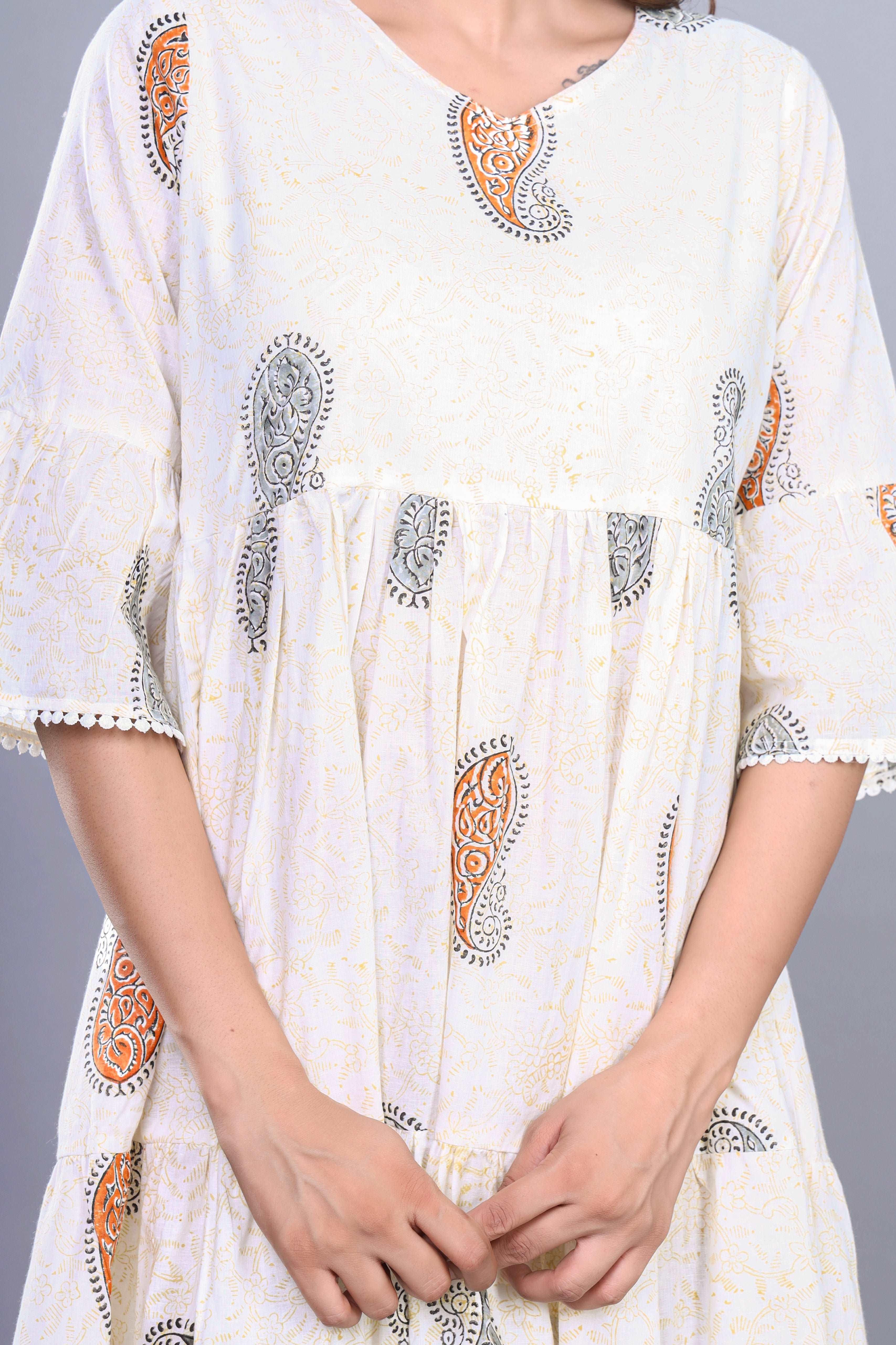 Jaipuri Floral Charm: HandBlock Cotton Short Kurti in White with Pocket