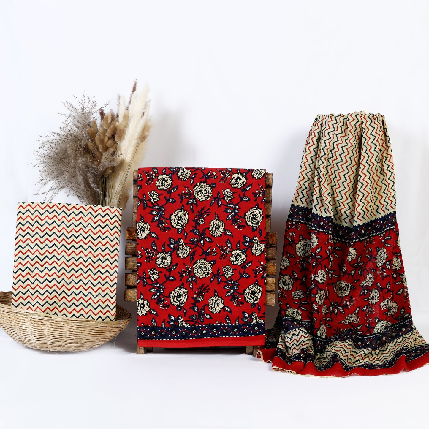 Red Rose Jaal Multicolor Handblock Print Cotton Suit Material with Mulmul Dupatta | 3-Piece Unstitched Set | Wholesale