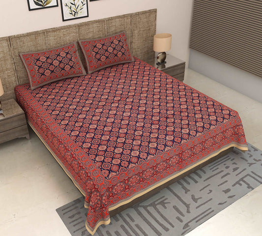 Jaipur Blues: King Size Bedsheet with Ajrakh Geometric Print