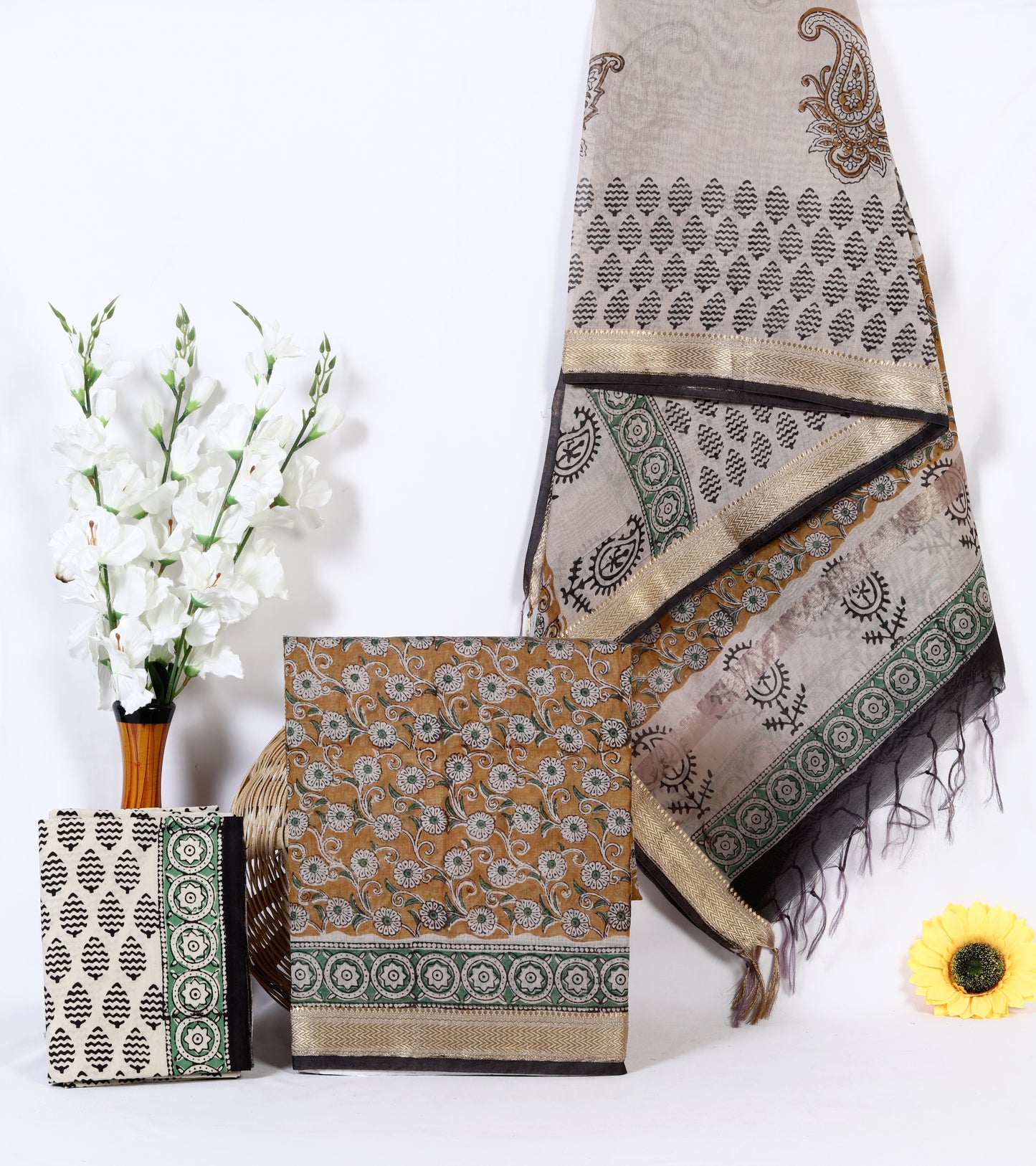 Maheshwari Silk Hand Block Printed Unstitched Suit Material | White Floral Vine on Mustard | Green & Black | Zari Border Dupatta | Wholesale