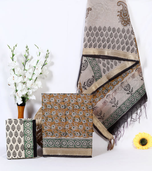 Maheshwari Silk Hand Block Printed Unstitched Suit Material | White Floral Vine on Mustard | Green & Black | Zari Border Dupatta | Wholesale