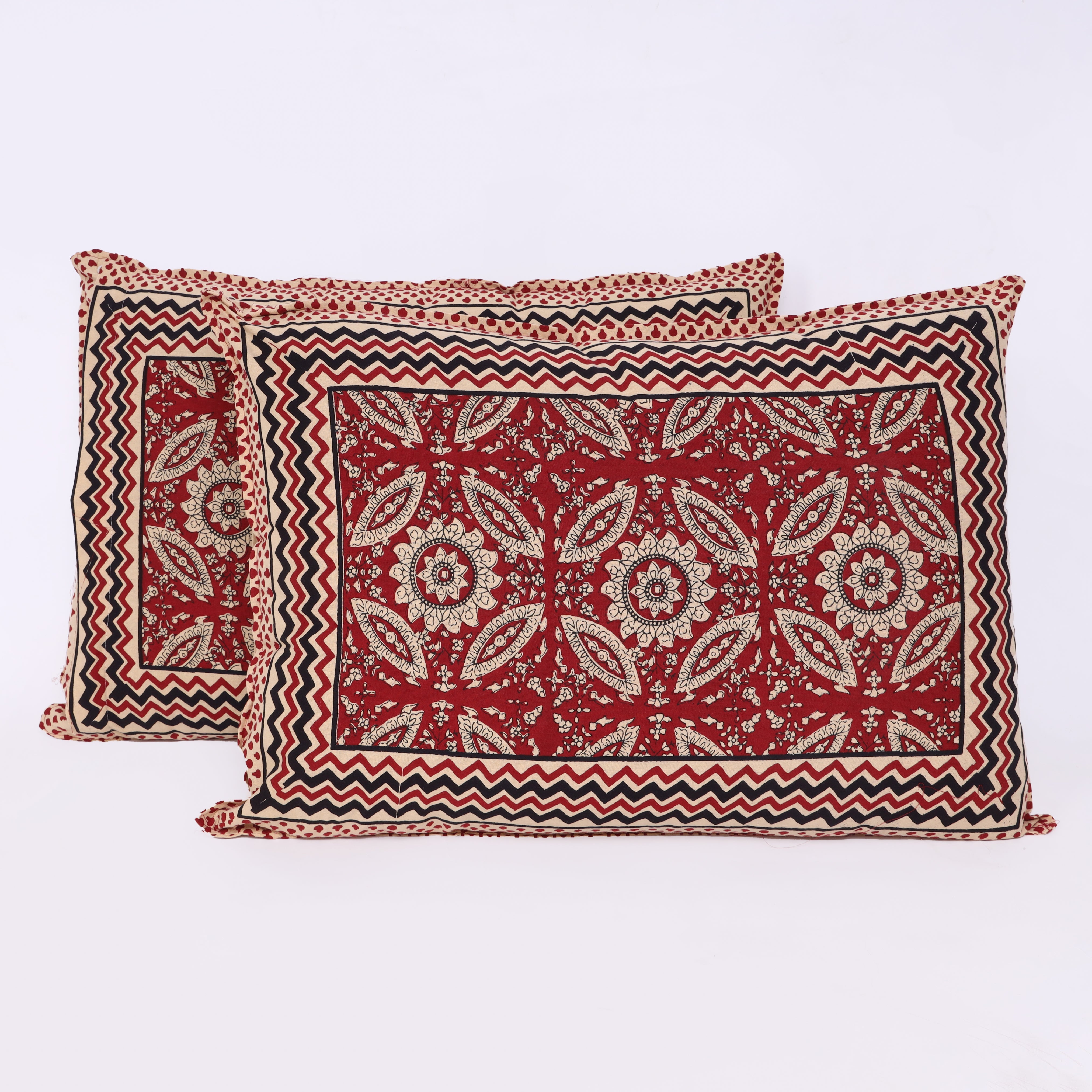 Sanganeri Symphony: King Size Ajrakh Geometric Printed Bedsheet in Red Cotton