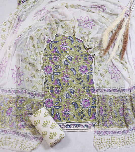 Hand Block Printed Cotton Suit Material | Olive Green Floral Paisley Jaal | Chiffon Dupatta | Wholesale Unstitched 3-Piece Set Suit Material 6_4