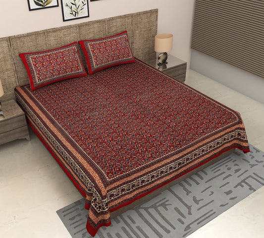 Mystical Maroon: King Size Jaipuri Bedsheet with Enchanting Kalamkari Floral Print