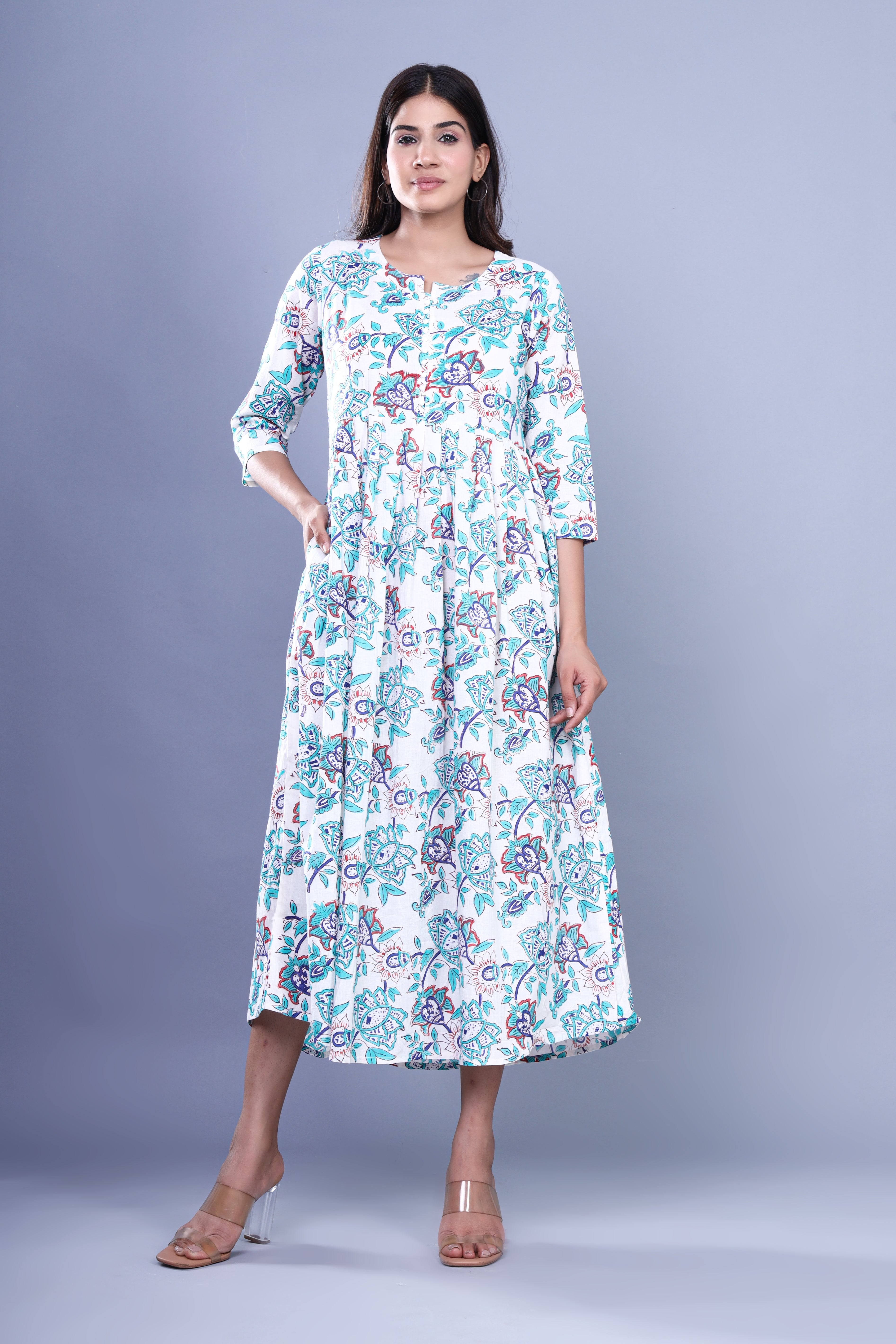 Jaipuri Kalamkari Floral: Multicolor Cotton Long Kurti with Pocket