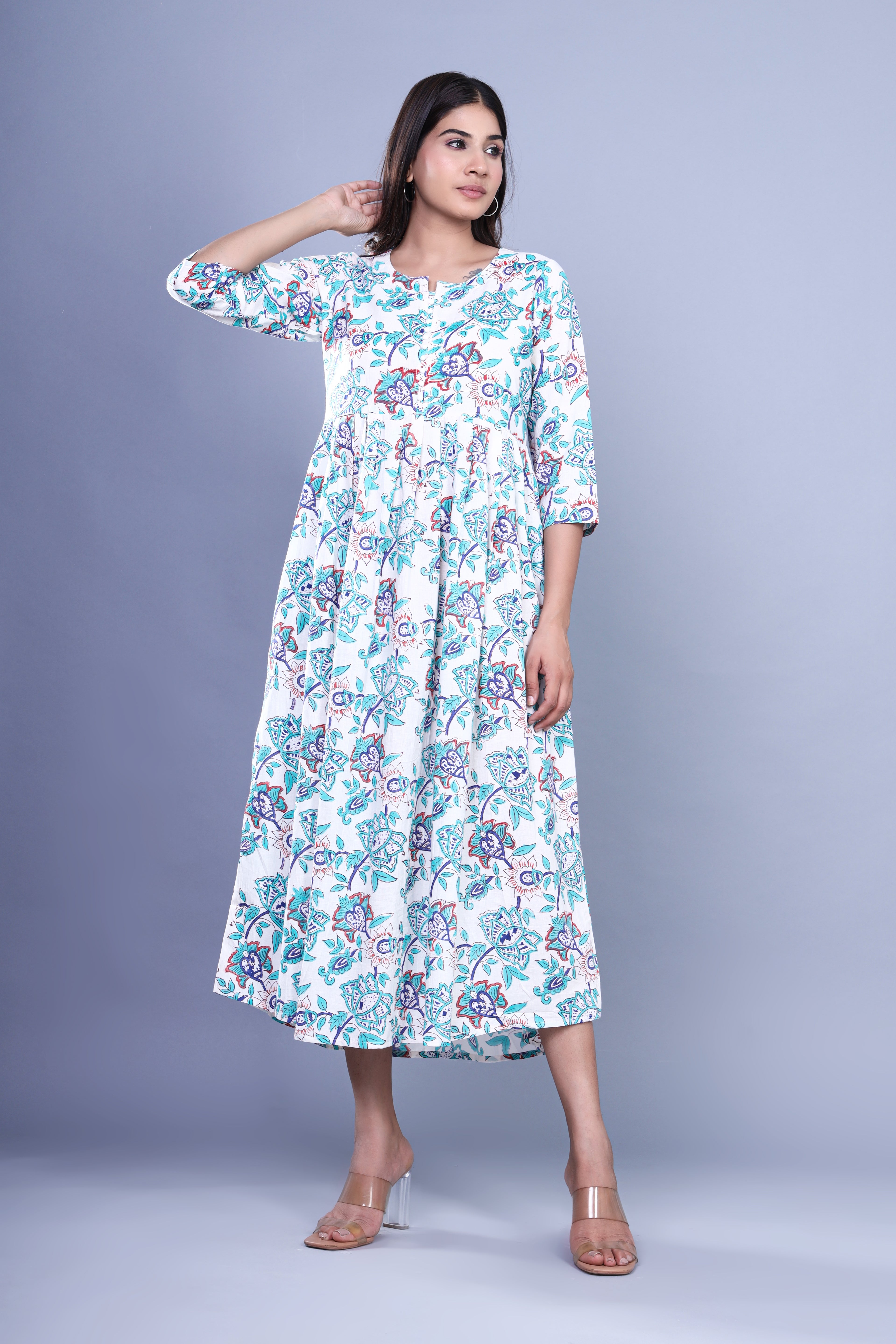 Jaipuri Kalamkari Floral: Multicolor Cotton Long Kurti with Pocket