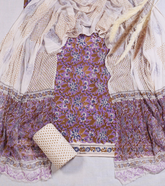 Hand Block Printed Cotton Suit Material | Lilac Floral Vine Jaal with Gold Bindi Dupatta | Wholesale Unstitched 3-Piece Set Suit Material 7_3