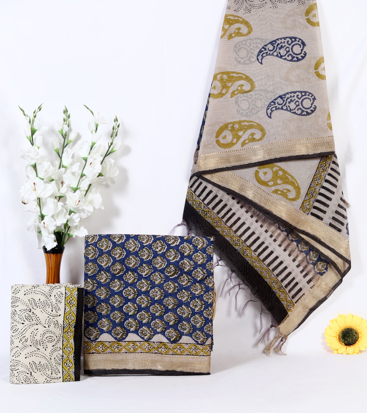 Maheshwari Silk Hand Block Printed Unstitched Suit Material | Floral Buta on Navy & Dual-Tone Paisley Dupatta | Navy, Mustard & Cream | Wholesale