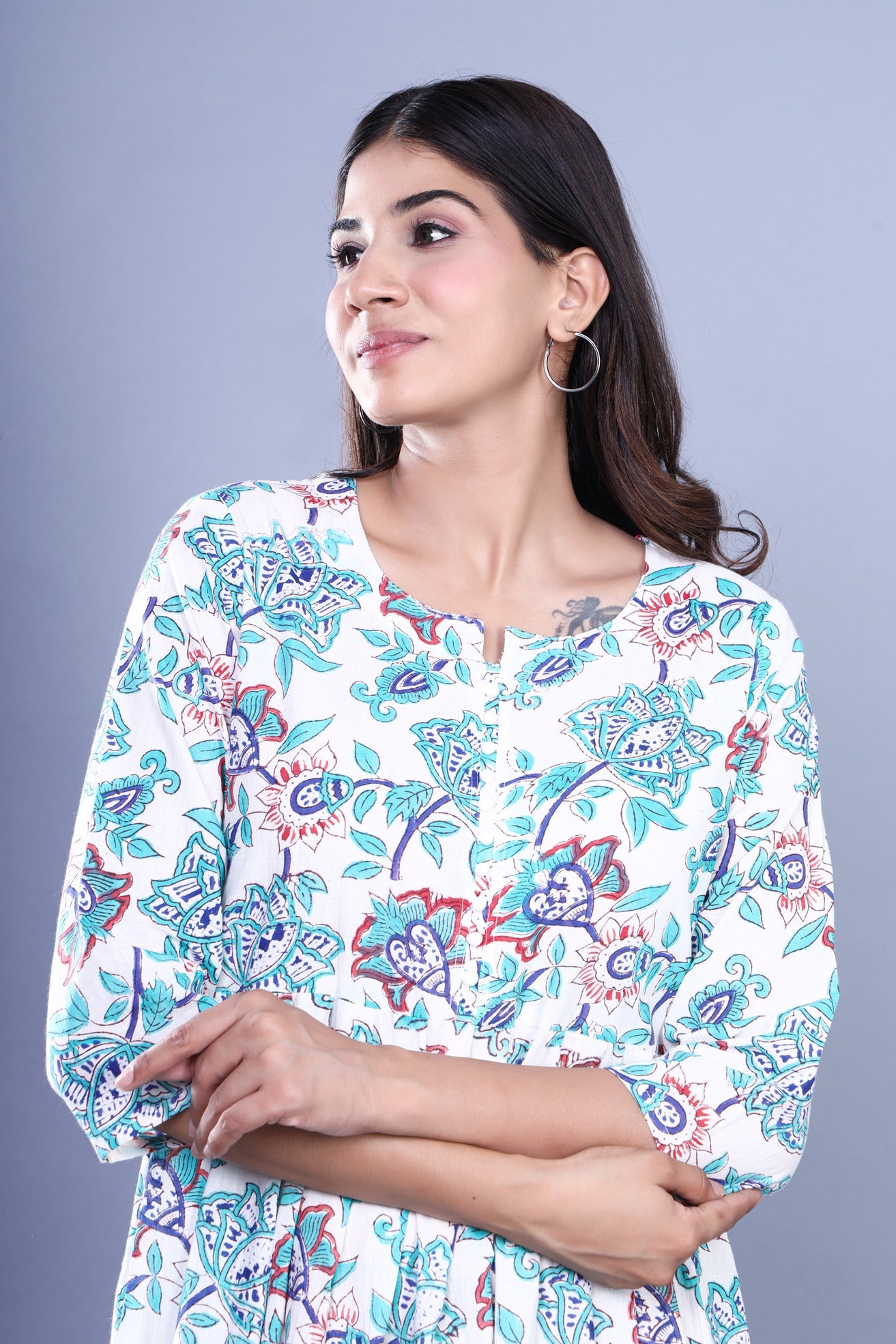 Jaipuri Kalamkari Floral: Multicolor Cotton Long Kurti with Pocket