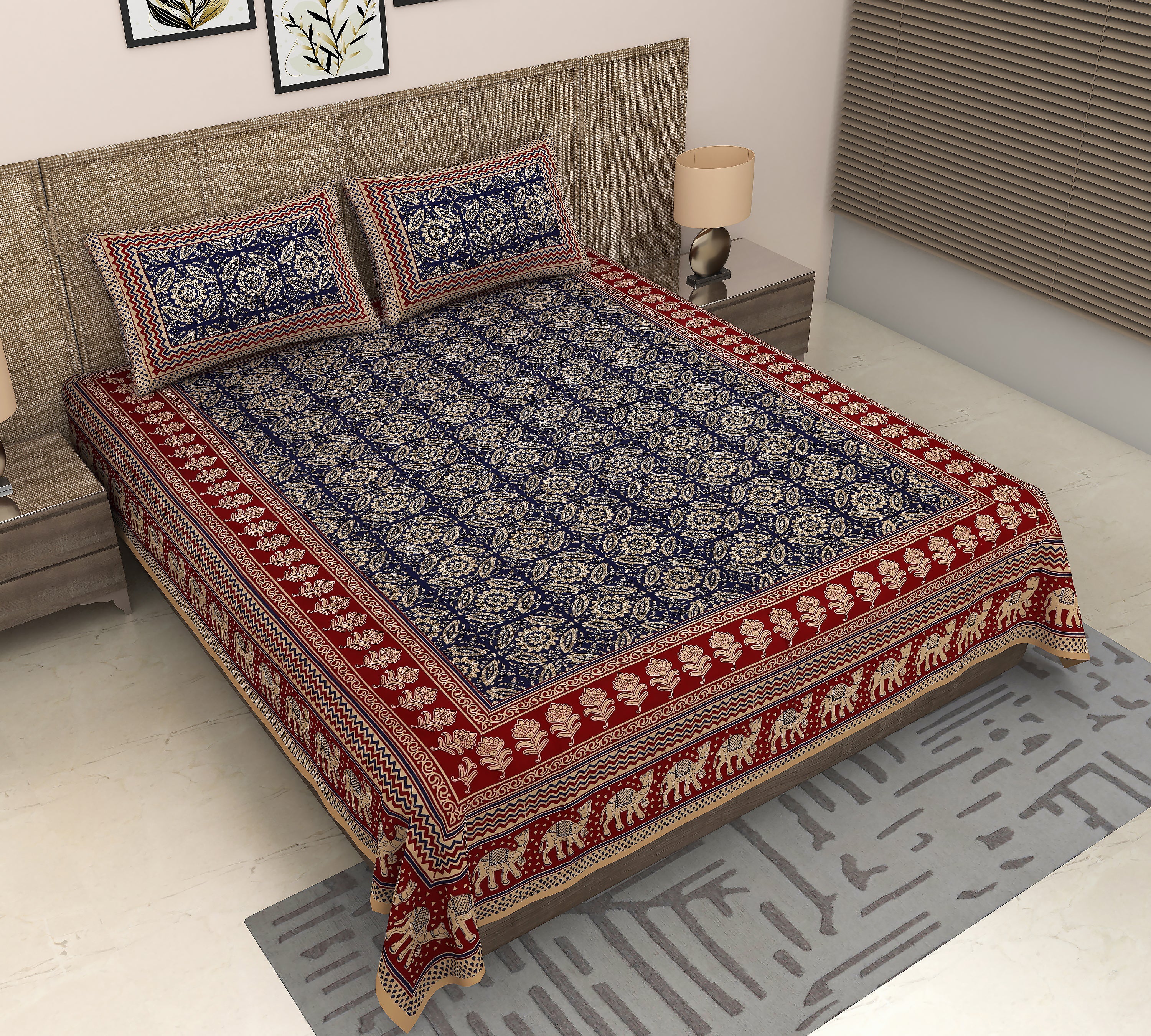 Jaipuri Sapphire: King Size Ajrakh Geometric Printed Bedsheet in Sanganeri Style