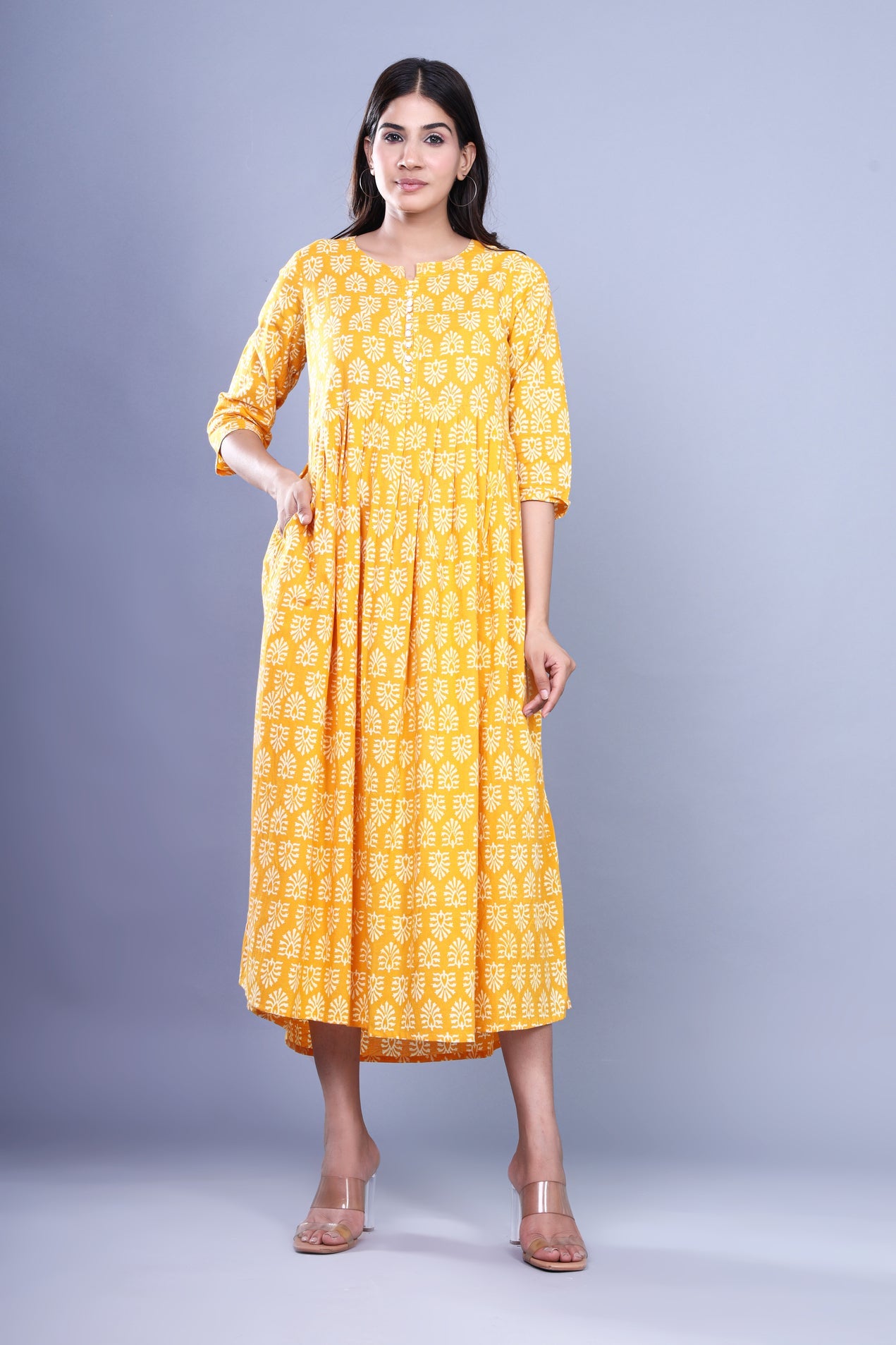 Yellow Jaipuri Handblock Printed Cotton Long Kurti with Booti Print and Pocket