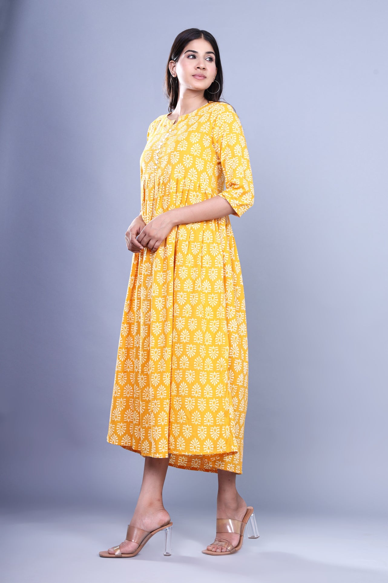 Yellow Jaipuri Handblock Printed Cotton Long Kurti with Booti Print and Pocket