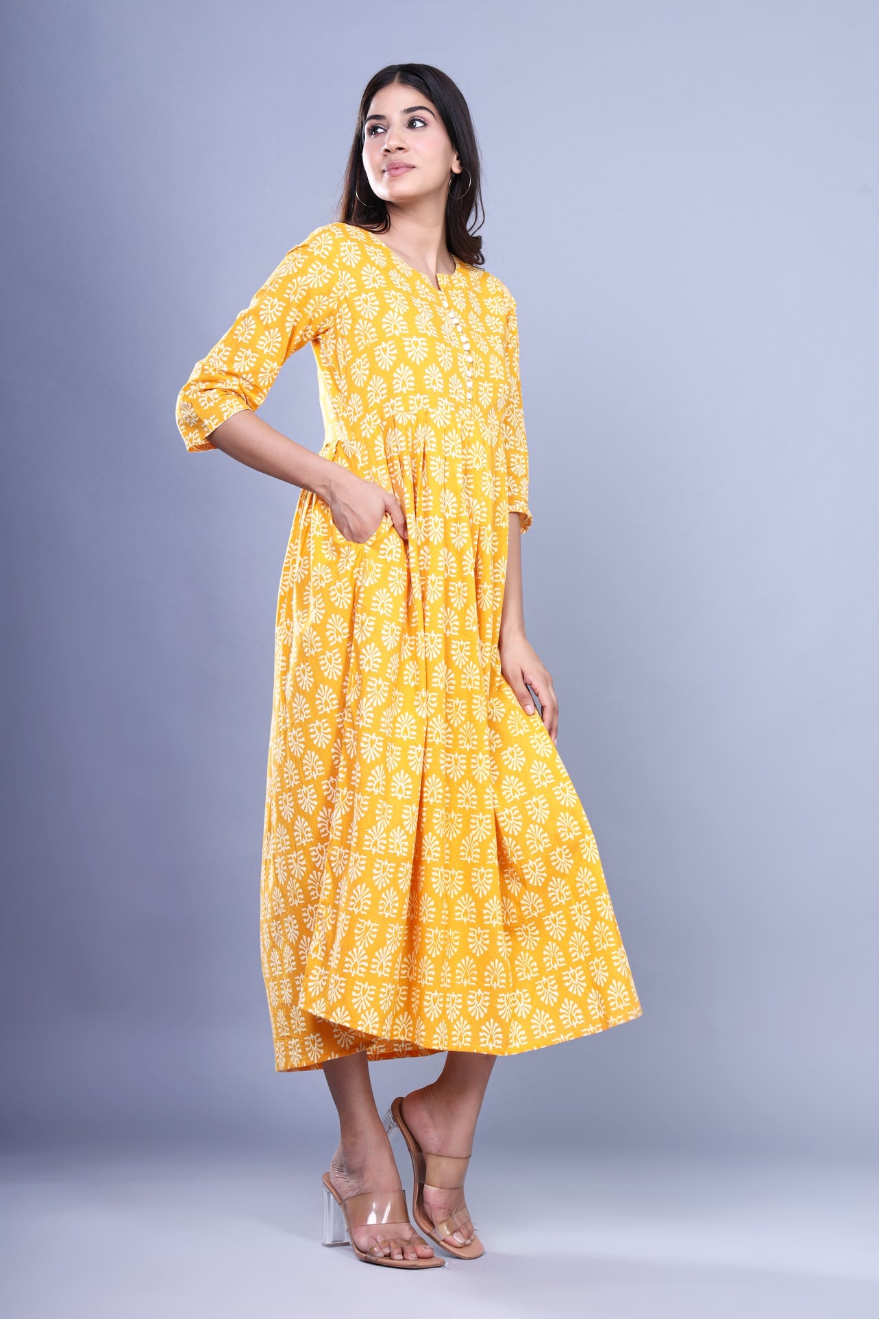 Yellow Jaipuri Handblock Printed Cotton Long Kurti with Booti Print and Pocket