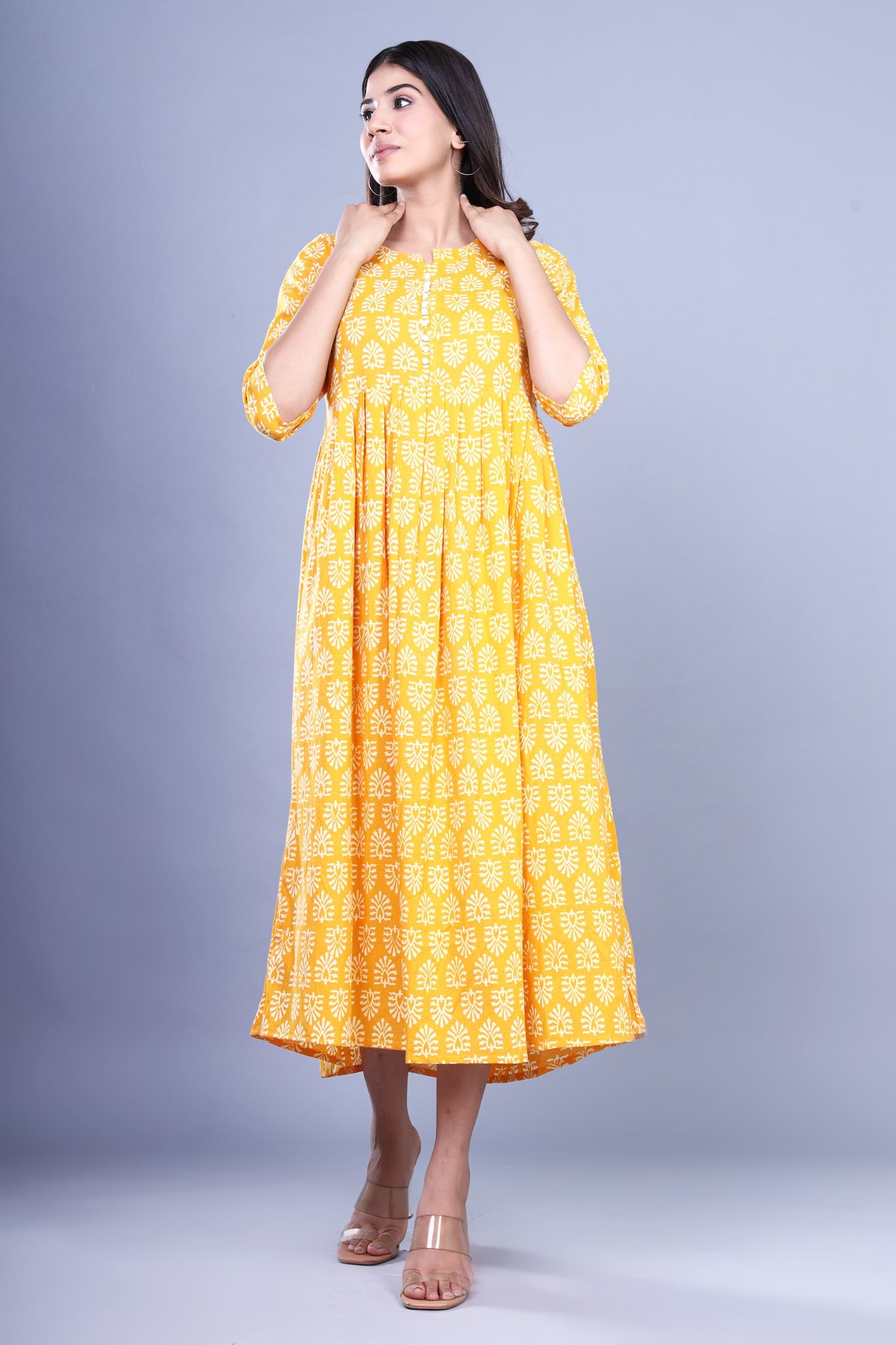 Yellow Jaipuri Handblock Printed Cotton Long Kurti with Booti Print and Pocket