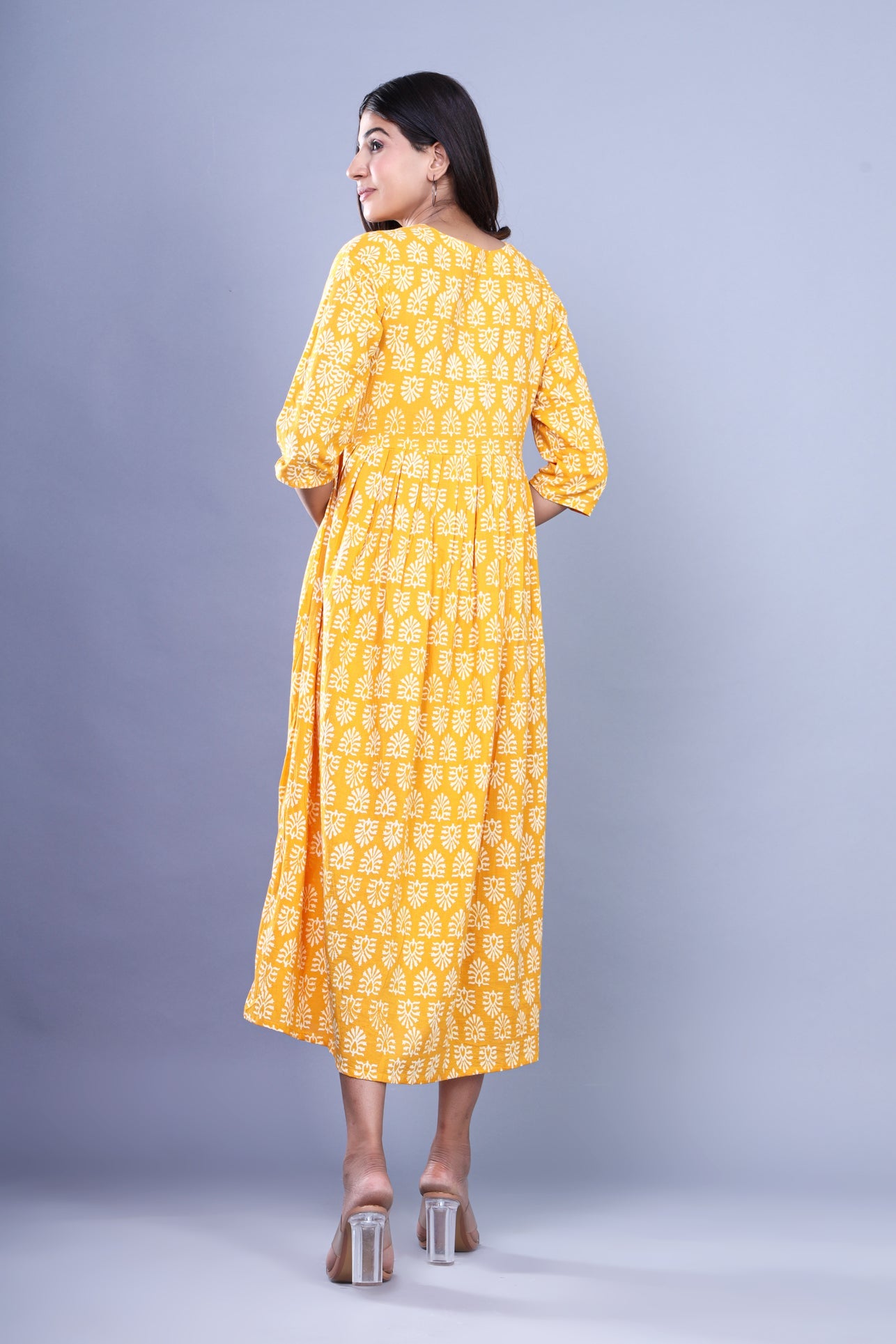 Yellow Jaipuri Handblock Printed Cotton Long Kurti with Booti Print and Pocket